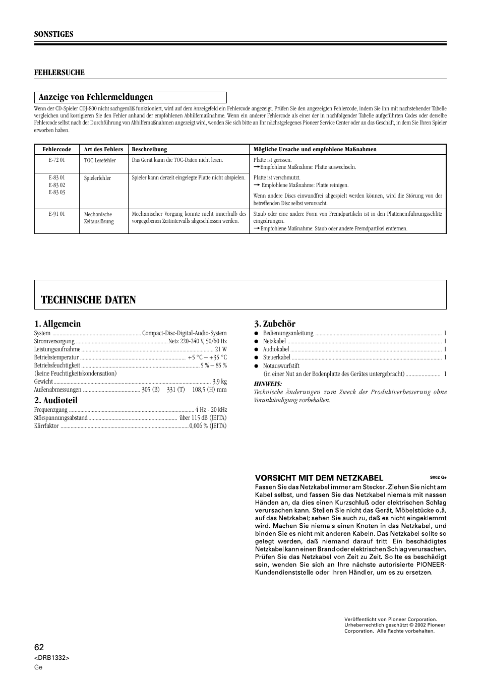 Technische daten, Anzeige von fehlermeldungen, Allgemein | Audioteil, Zubehör | Pioneer CDJ-800 User Manual | Page 62 / 96