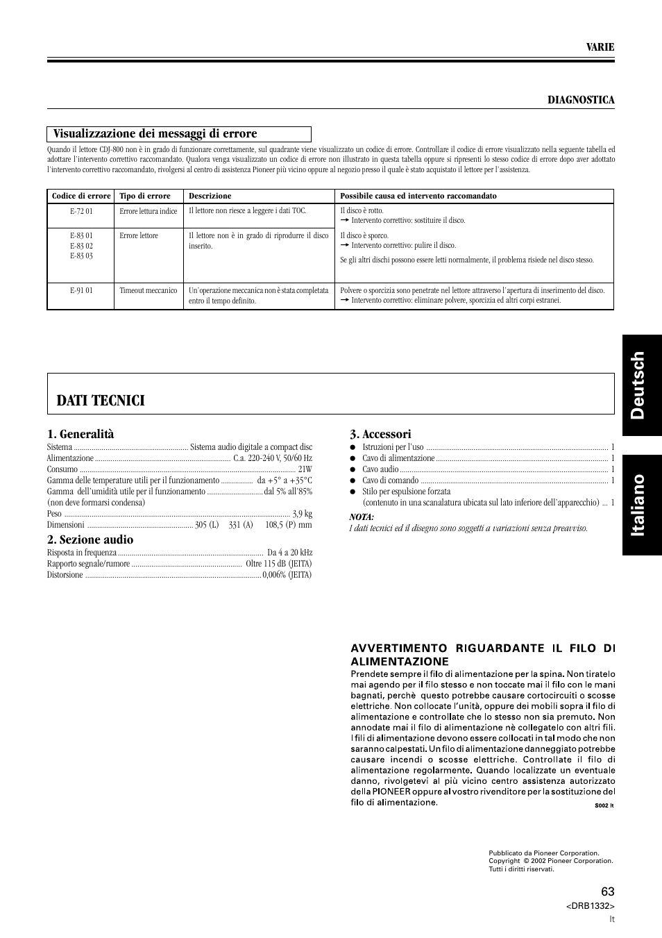 Dati tecnici, Deutsch italiano, Visualizzazione dei messaggi di errore | Generalità, Sezione audio, Accessori | Pioneer CDJ-800 User Manual | Page 63 / 96