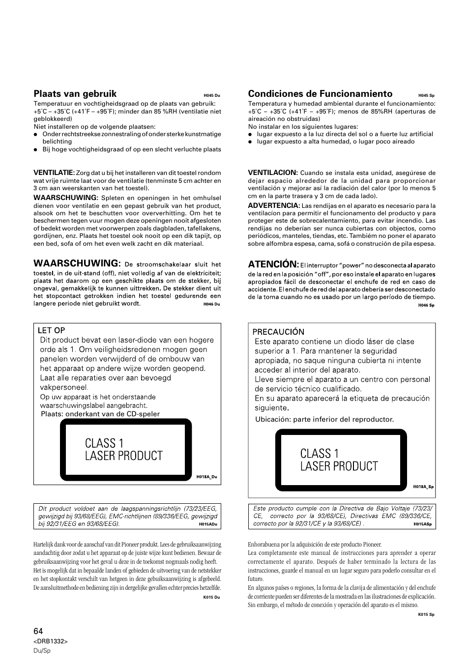 Plaats van gebruik, Condiciones de funcionamiento | Pioneer CDJ-800 User Manual | Page 64 / 96