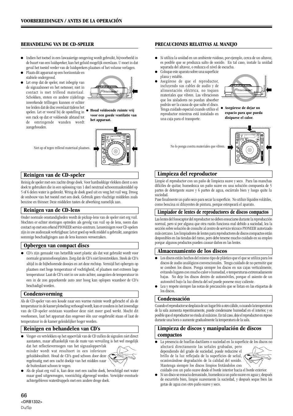 Reinigen van de cd-speler, Opbergen van compact discs, Condensvorming | Reinigen en behandelen van cd’s, Limpieza del reproductor, Almacenamiento de los discos, Condensación, Reinigen van de cd-lens | Pioneer CDJ-800 User Manual | Page 66 / 96