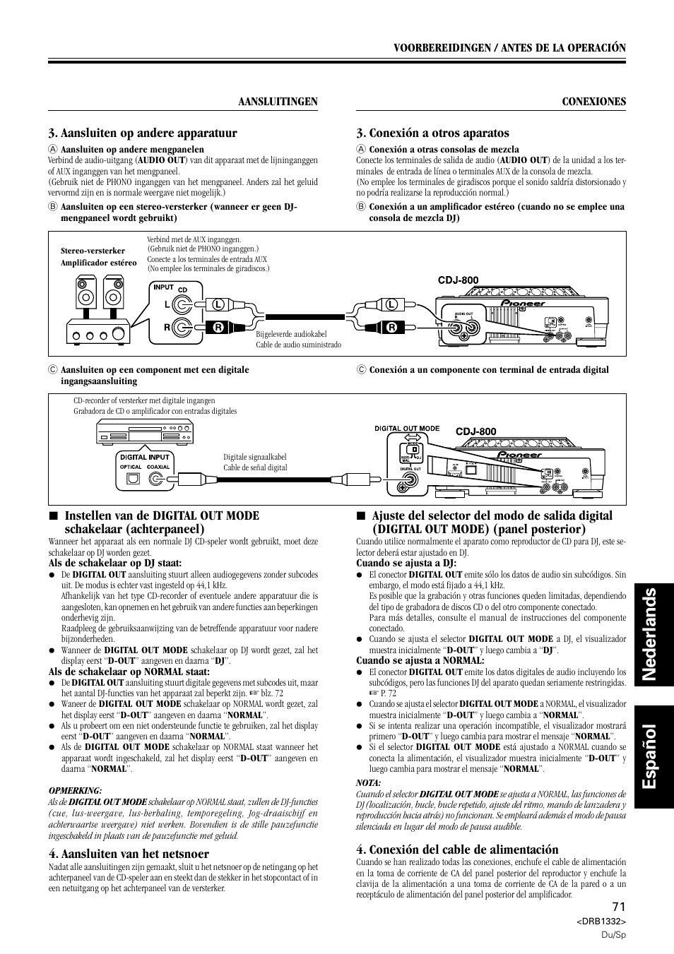 Nederlands español, Aansluiten op andere apparatuur, Aansluiten van het netsnoer | Conexión a otros aparatos, Conexión del cable de alimentación | Pioneer CDJ-800 User Manual | Page 71 / 96