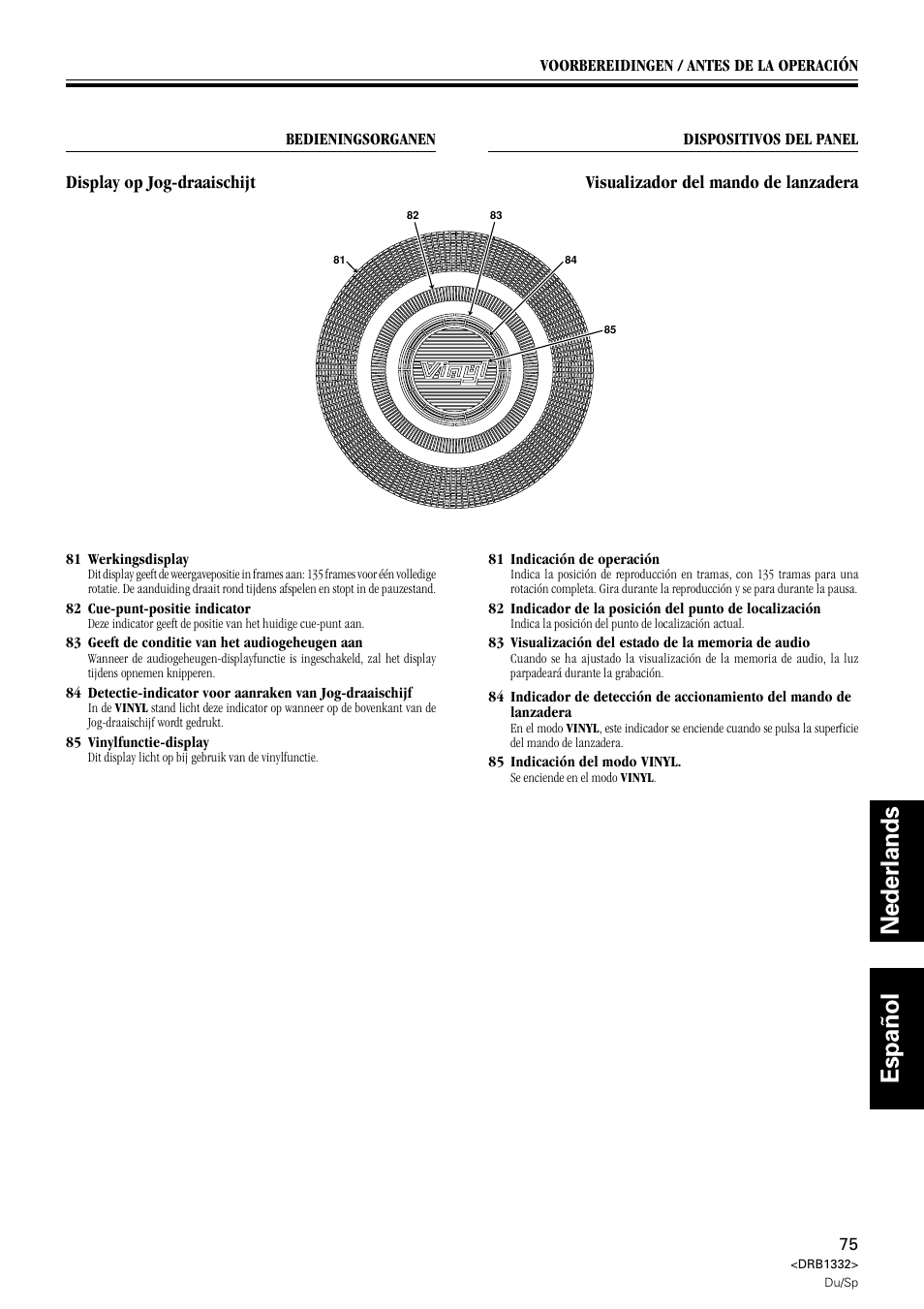 Display op jog-draaischijf, Visualizador del mando de lanzadera, Nederlands español | Display op jog-draaischijt | Pioneer CDJ-800 User Manual | Page 75 / 96