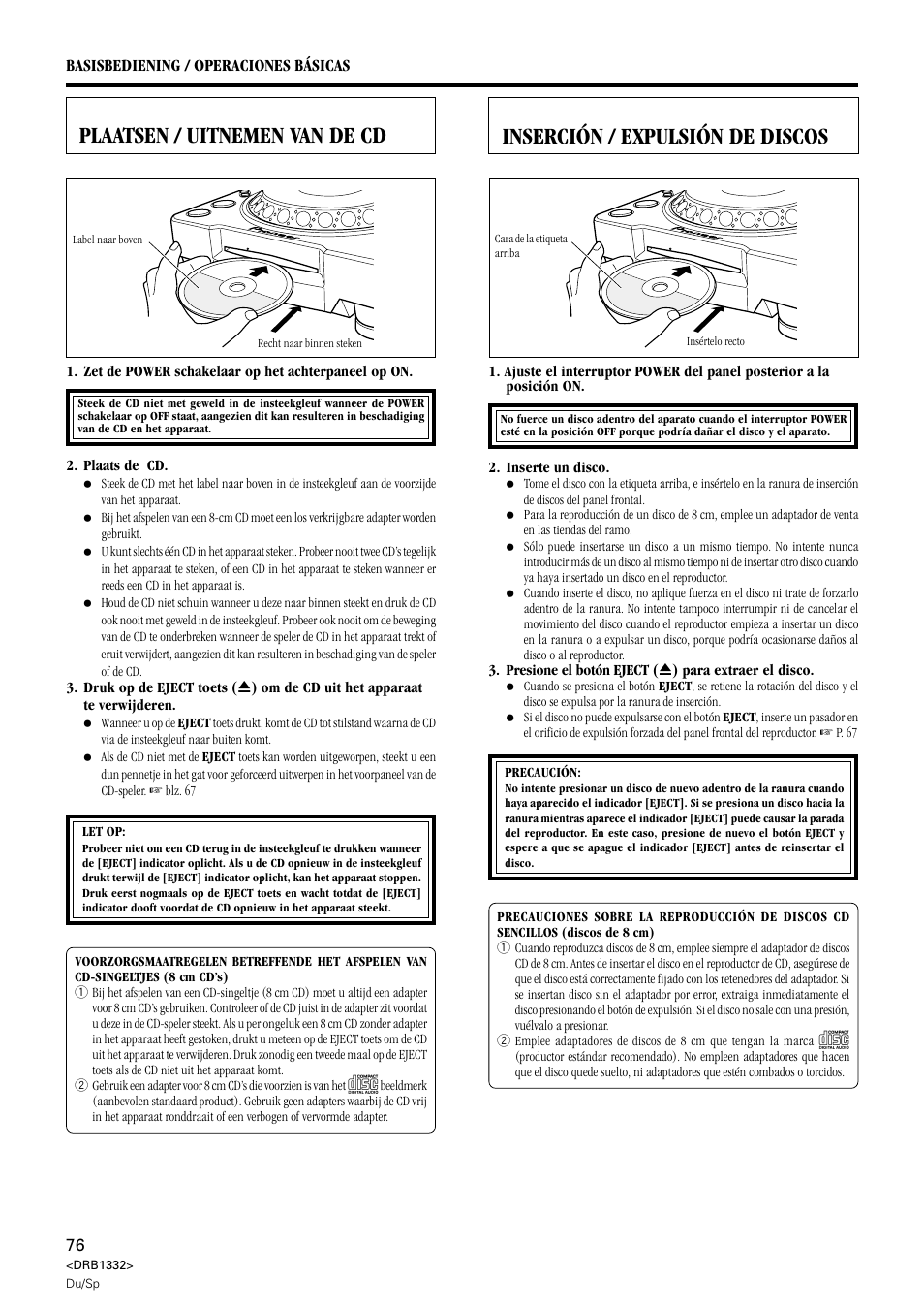 Plaatsen / uitnemen van de cd, Inserción / expulsión de discos | Pioneer CDJ-800 User Manual | Page 76 / 96