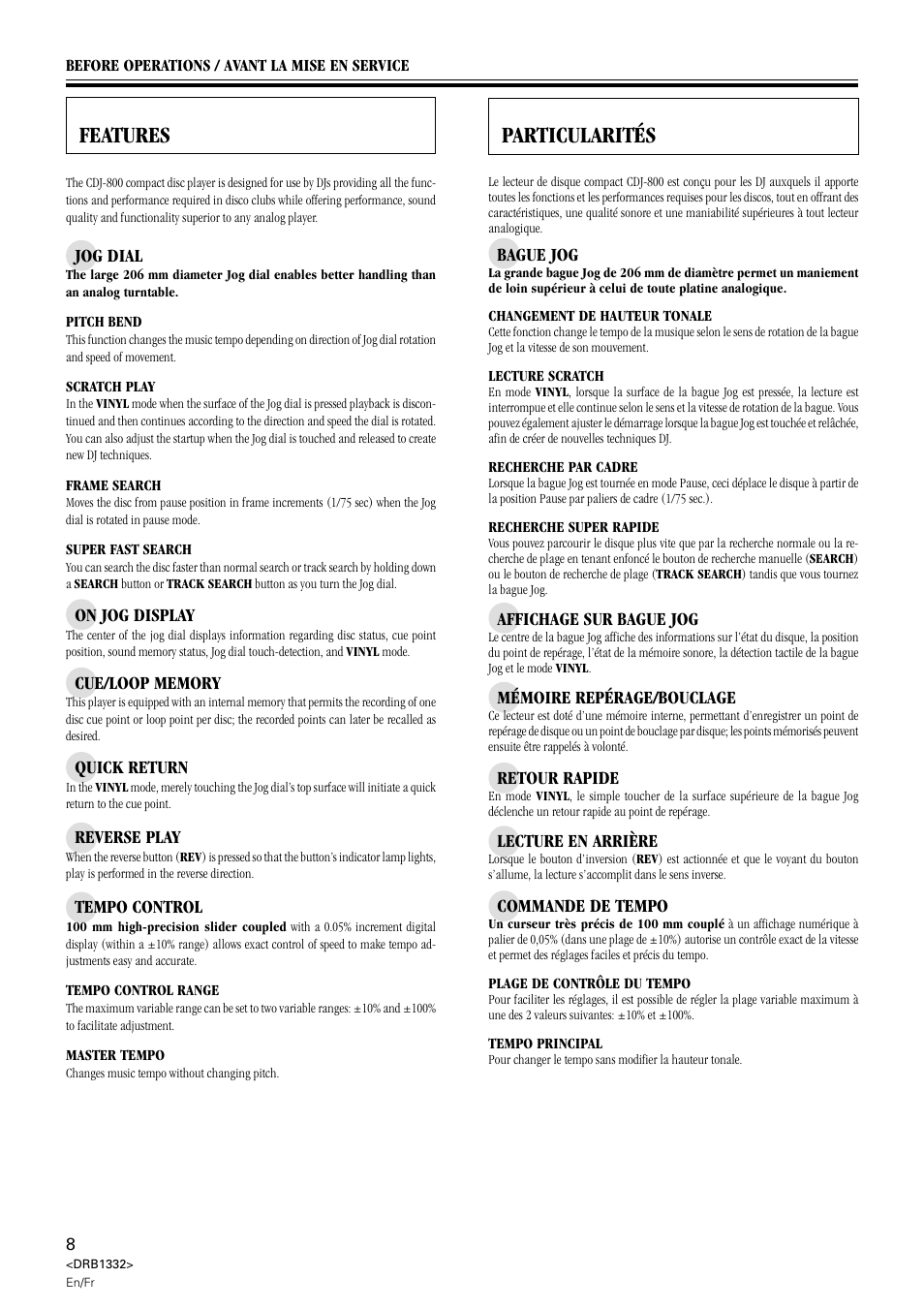 Particularités, Features, Features particularités | Pioneer CDJ-800 User Manual | Page 8 / 96