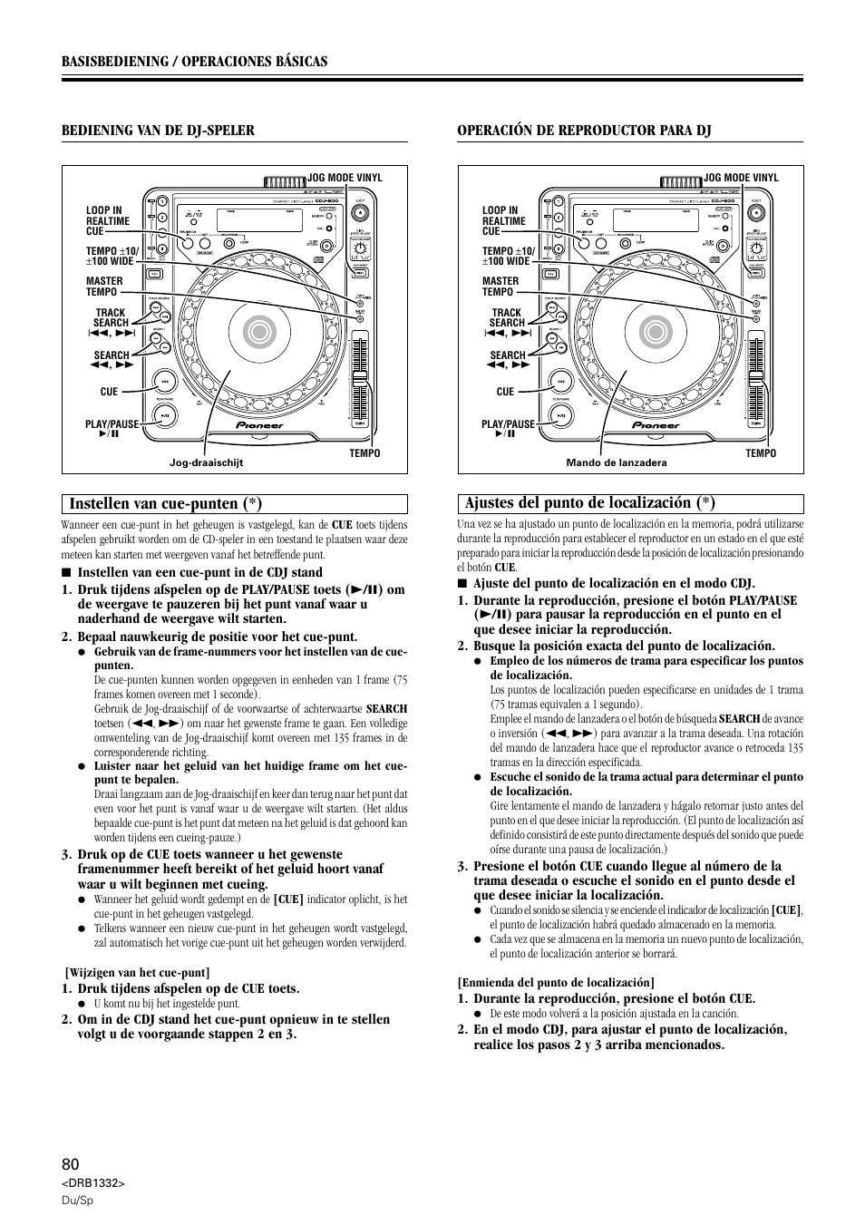 Instellen van cue-punten, Ajustes del punto de localización, Instellen van cue-punten (*) | Ajustes del punto de localización (*) | Pioneer CDJ-800 User Manual | Page 80 / 96