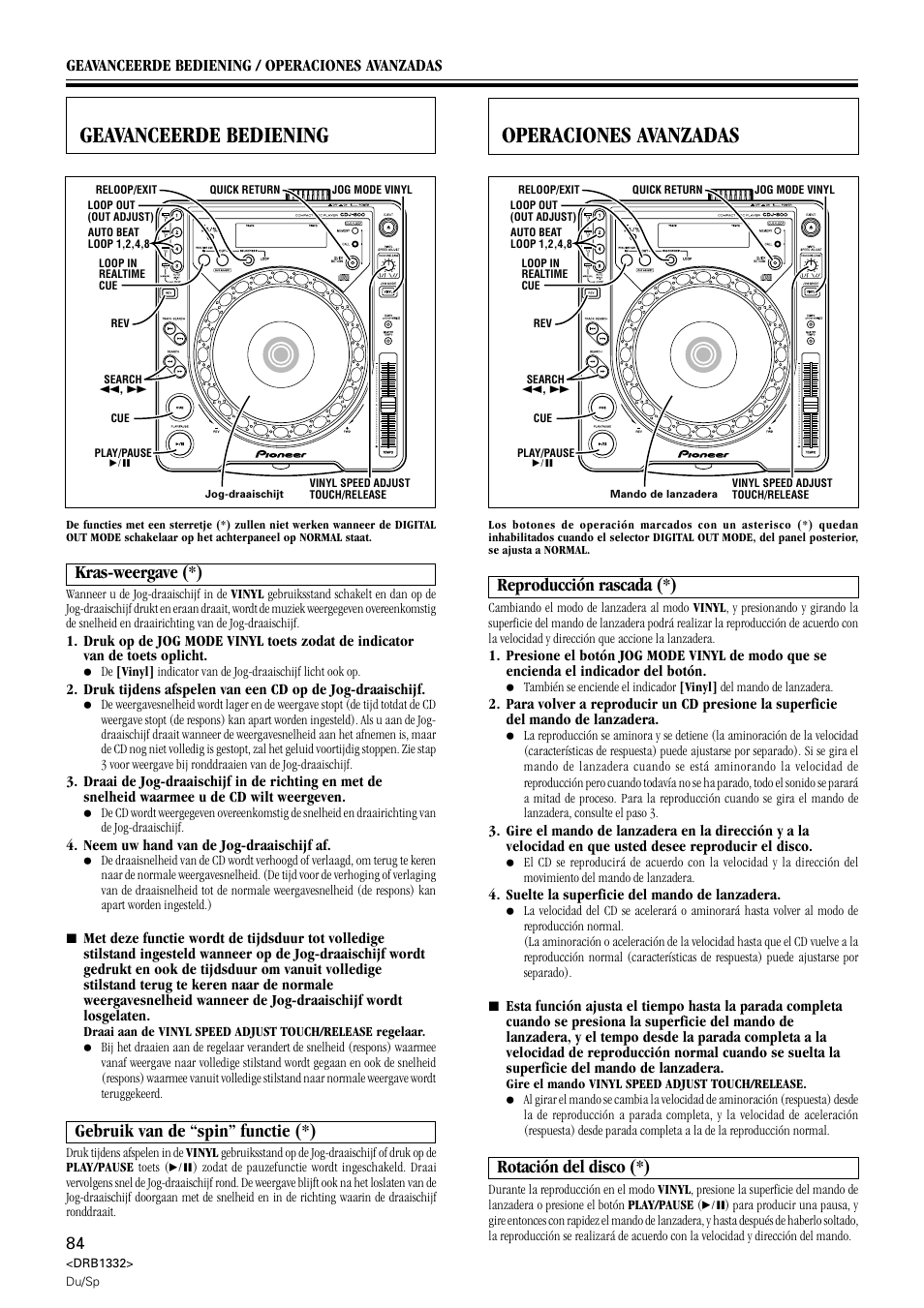 Geavanceerde bediening, Kras-weergave gebruik van de “spin” functie, Operaciones avanzadas | Reproducción rascada rotación del disco, Kras-weergave (*), Reproducción rascada (*), Gebruik van de “spin” functie (*), Rotación del disco (*) | Pioneer CDJ-800 User Manual | Page 84 / 96