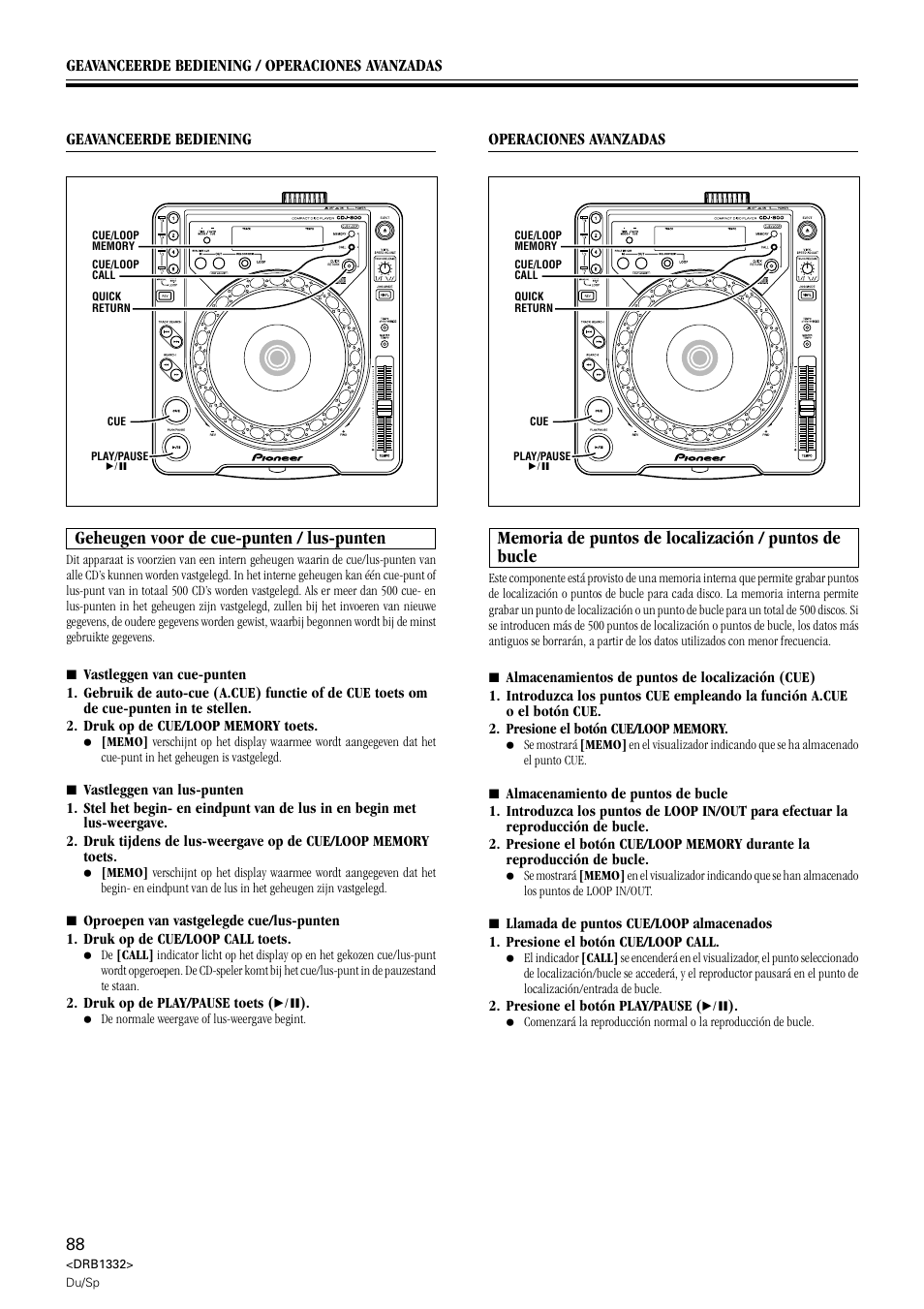 Geheugen voor de cue-punten / lus-punten | Pioneer CDJ-800 User Manual | Page 88 / 96