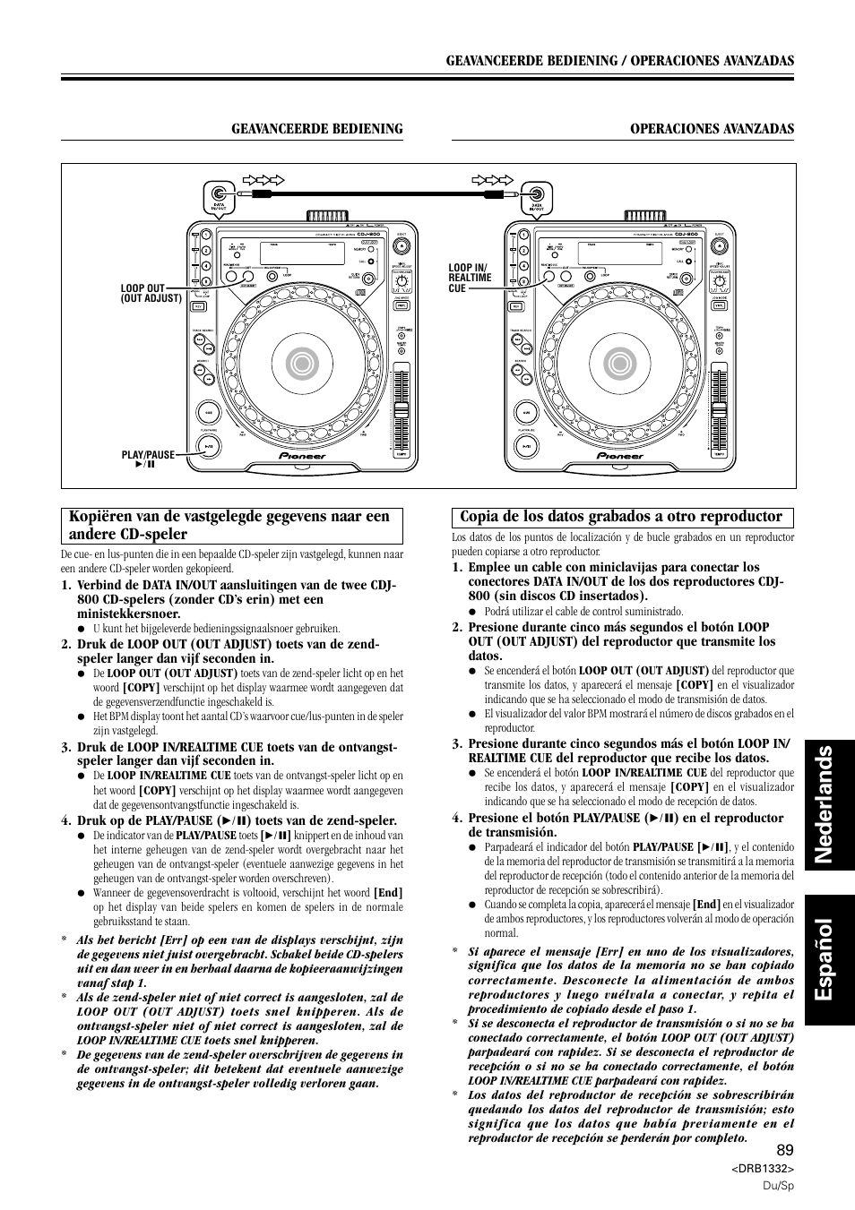 Copia de los datos grabados a otro reproductor, Nederlands español | Pioneer CDJ-800 User Manual | Page 89 / 96