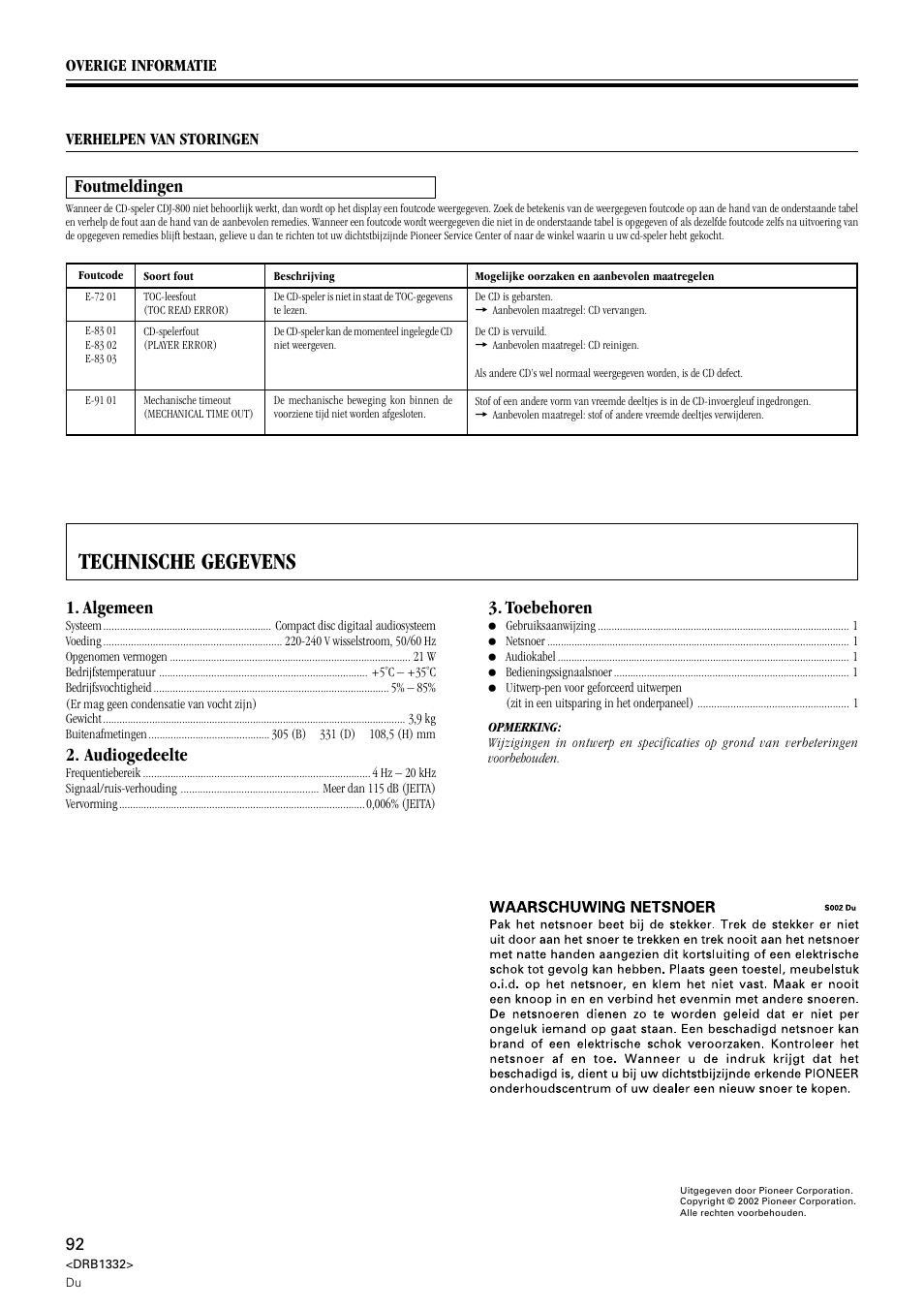 Technische gegevens, Foutmeldingen, Algemeen | Audiogedeelte, Toebehoren | Pioneer CDJ-800 User Manual | Page 92 / 96
