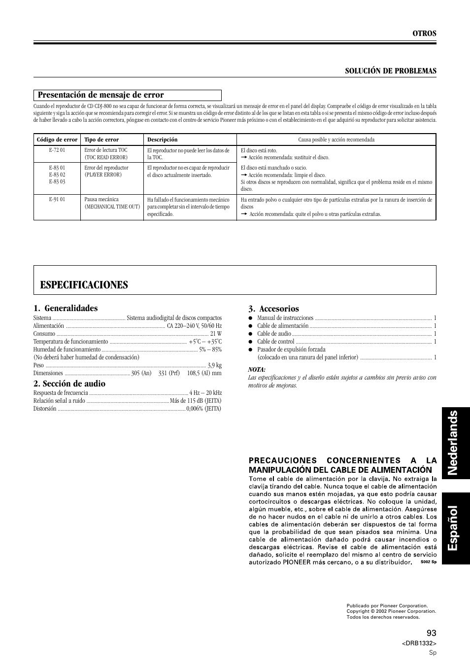 Especificaciones, Nederlands español, Presentación de mensaje de error | Generalidades, Sección de audio, Accesorios | Pioneer CDJ-800 User Manual | Page 93 / 96