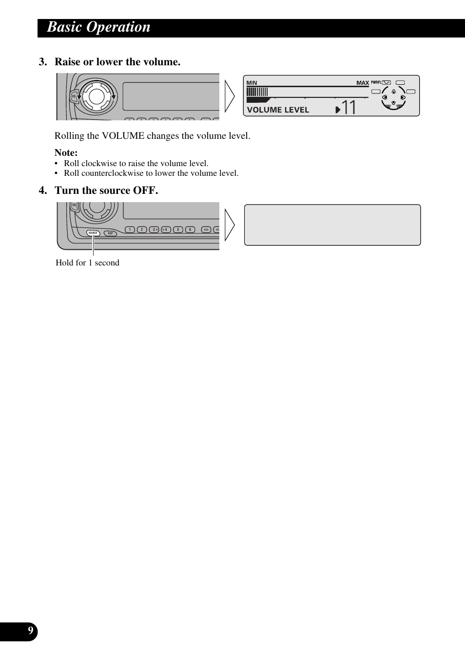 Basic operation, Raise or lower the volume, Turn the source off | Hold for 1 second | Pioneer KEH-P8010R User Manual | Page 10 / 132