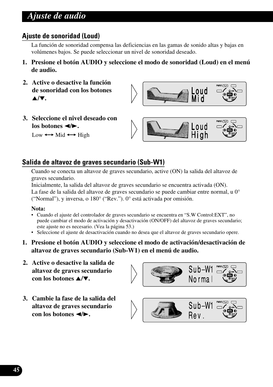 Ajuste de sonoridad (loud), Salida de altavoz de graves secundario (sub-w1), Ajuste de audio | Pioneer KEH-P8010R User Manual | Page 110 / 132