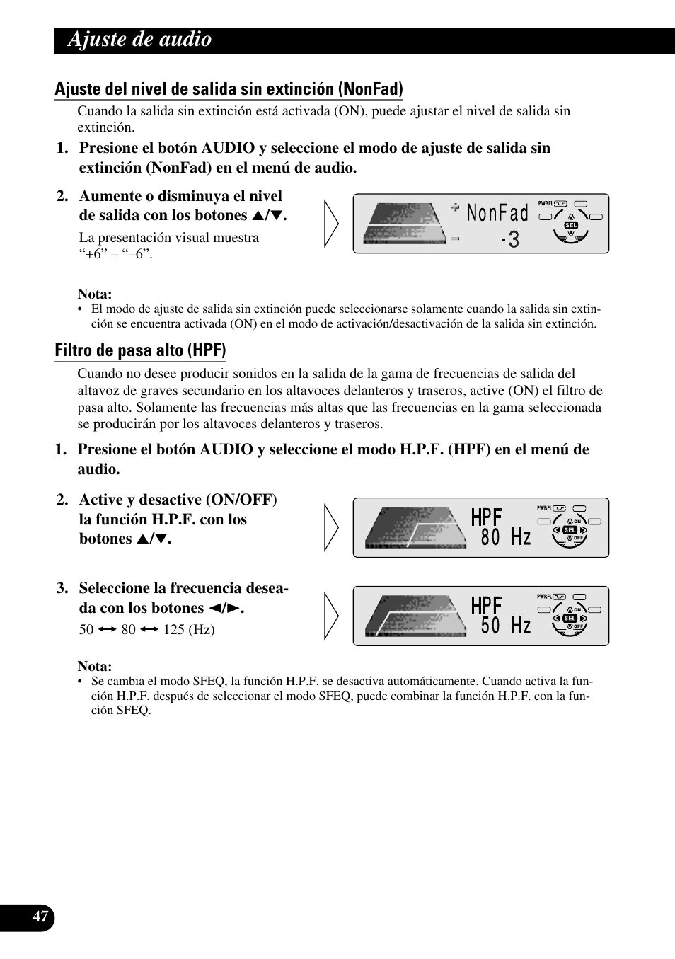 Ajuste del nivel de salida sin extinción (nonfad), Filtro de pasa alto (hpf), Ajuste de audio | Pioneer KEH-P8010R User Manual | Page 112 / 132