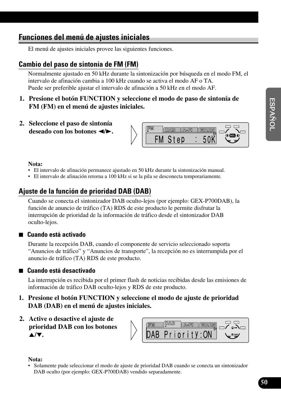 Funciones del menú de ajustes iniciales, Cambio del paso de sintonía de fm (fm), Ajuste de la función de prioridad dab (dab) | A title (english) | Pioneer KEH-P8010R User Manual | Page 115 / 132