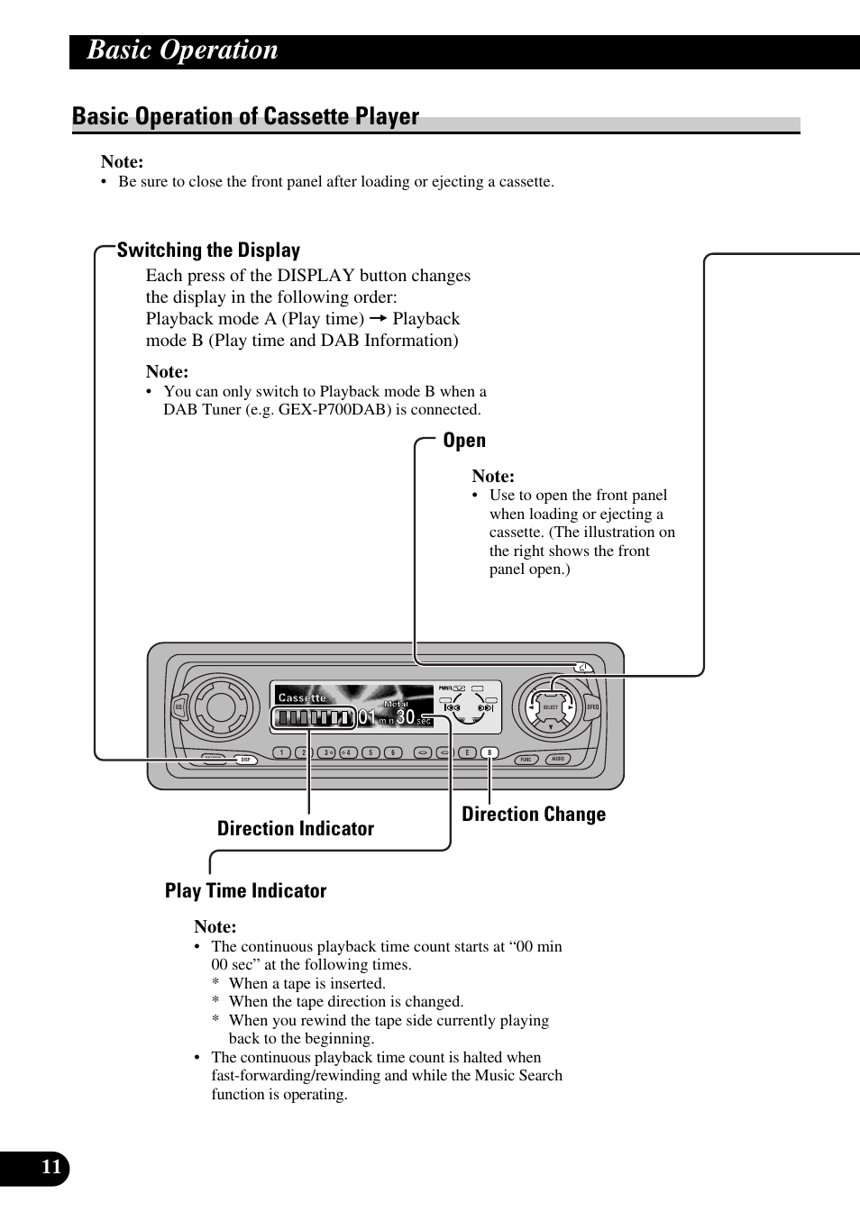 Basic operation of cassette player, Switching the display, Open | Direction change, Play time indicator, Basic operation, Direction indicator play time indicator | Pioneer KEH-P8010R User Manual | Page 12 / 132