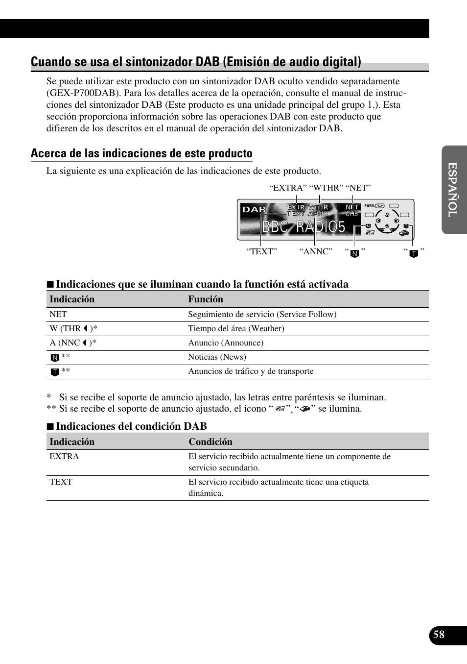 Cuando se usa el sintonizador dab, Emisión de audio digital), Acerca de las indicaciones de este producto | A title (english) | Pioneer KEH-P8010R User Manual | Page 123 / 132