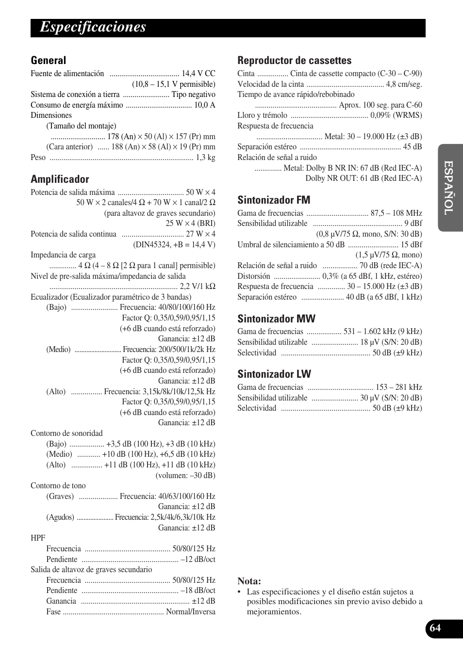 Especificaciones | Pioneer KEH-P8010R User Manual | Page 129 / 132