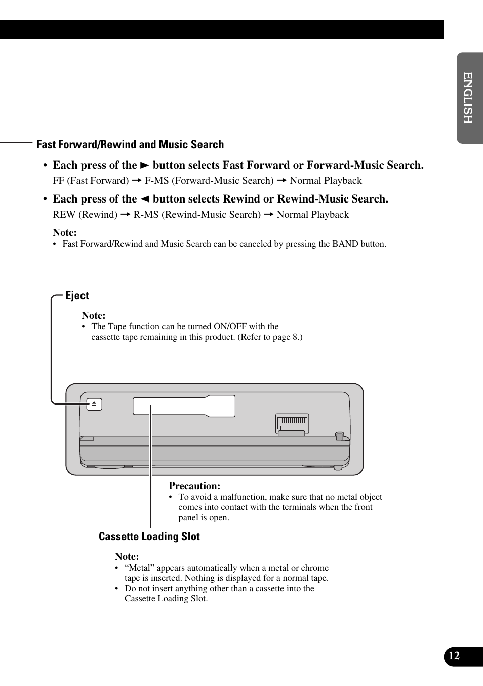 Fast forward/rewind and music search, Eject, Cassette loading slot | Pioneer KEH-P8010R User Manual | Page 13 / 132