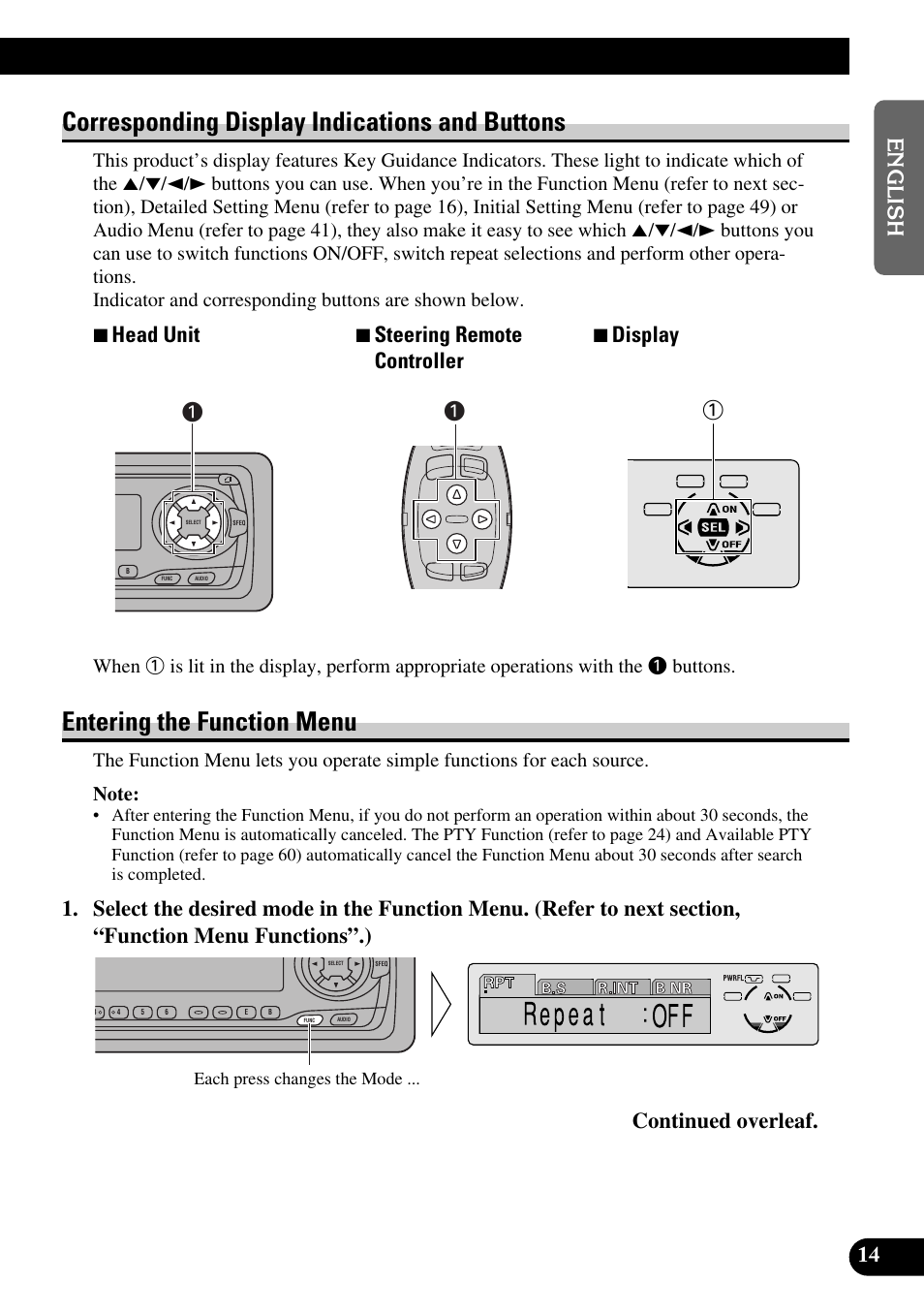 Corresponding display indications and, Buttons, Entering the function menu | Corresponding display indications and buttons, 7 head unit 7 steering remote 7 display controller | Pioneer KEH-P8010R User Manual | Page 15 / 132