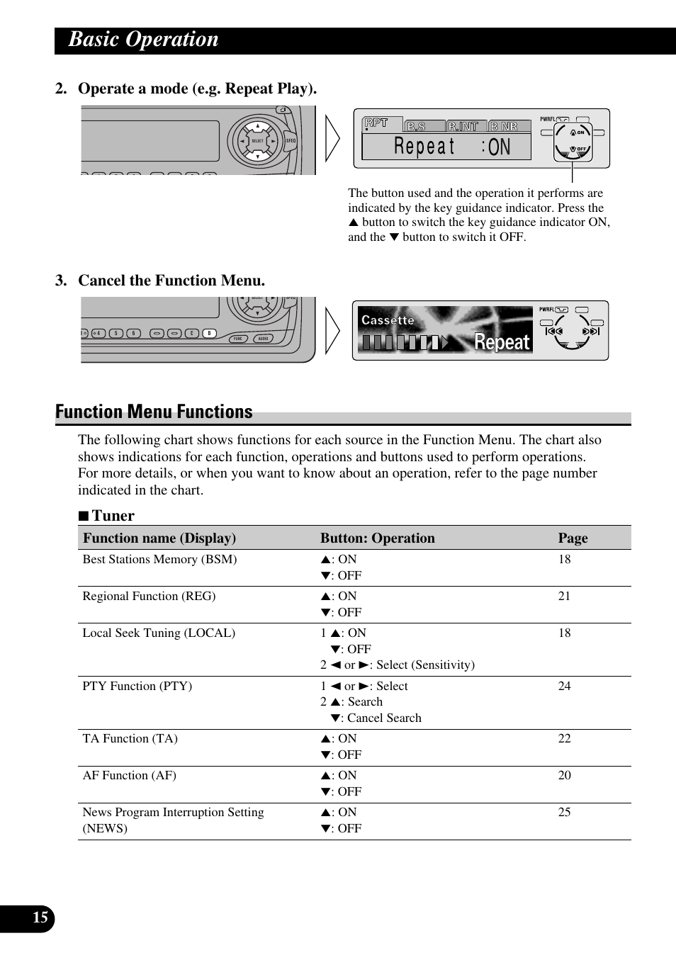 Function menu functions, Basic operation, 7 tuner | Function name (display) button: operation page | Pioneer KEH-P8010R User Manual | Page 16 / 132