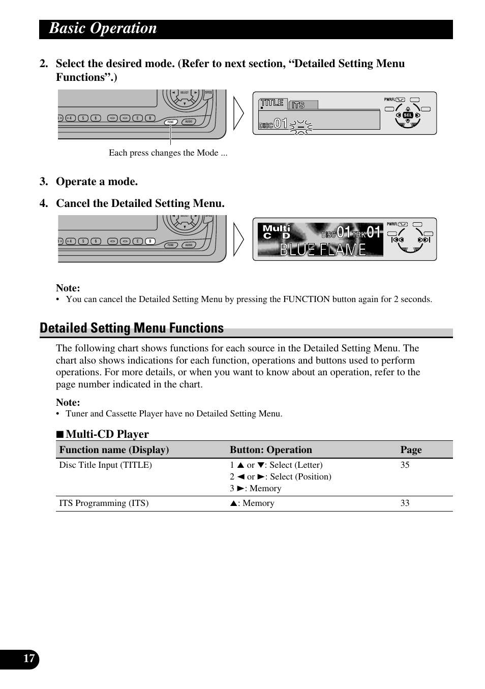 Detailed setting menu functions, Basic operation, 7 multi-cd player | Function name (display) button: operation page, Each press changes the mode | Pioneer KEH-P8010R User Manual | Page 18 / 132