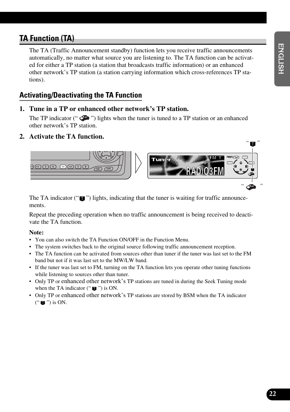 Ta function (ta), Activating/deactivating the ta function, A title (english) | Activate the ta function | Pioneer KEH-P8010R User Manual | Page 23 / 132