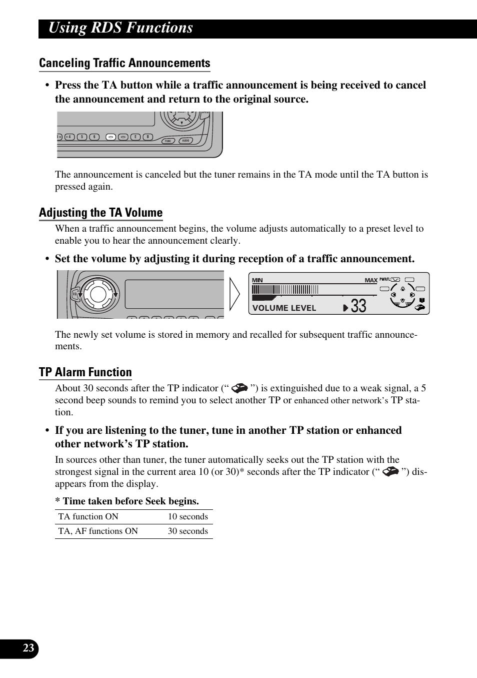 Canceling traffic announcements, Adjusting the ta volume, Tp alarm function | A title (english), Using rds functions, Tp sta- tion | Pioneer KEH-P8010R User Manual | Page 24 / 132