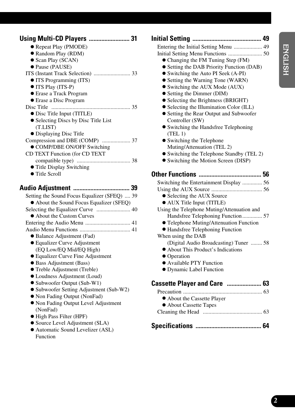 Using multi-cd players, Audio adjustment, Initial setting | Other functions, Cassette player and care | Pioneer KEH-P8010R User Manual | Page 3 / 132