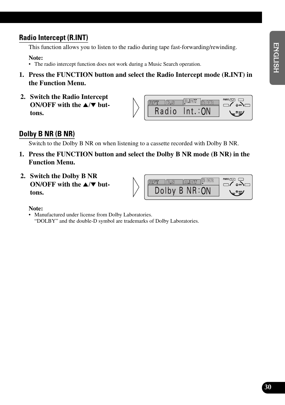 Radio intercept (r.int), Dolby b nr (b nr), A title (english) | Pioneer KEH-P8010R User Manual | Page 31 / 132
