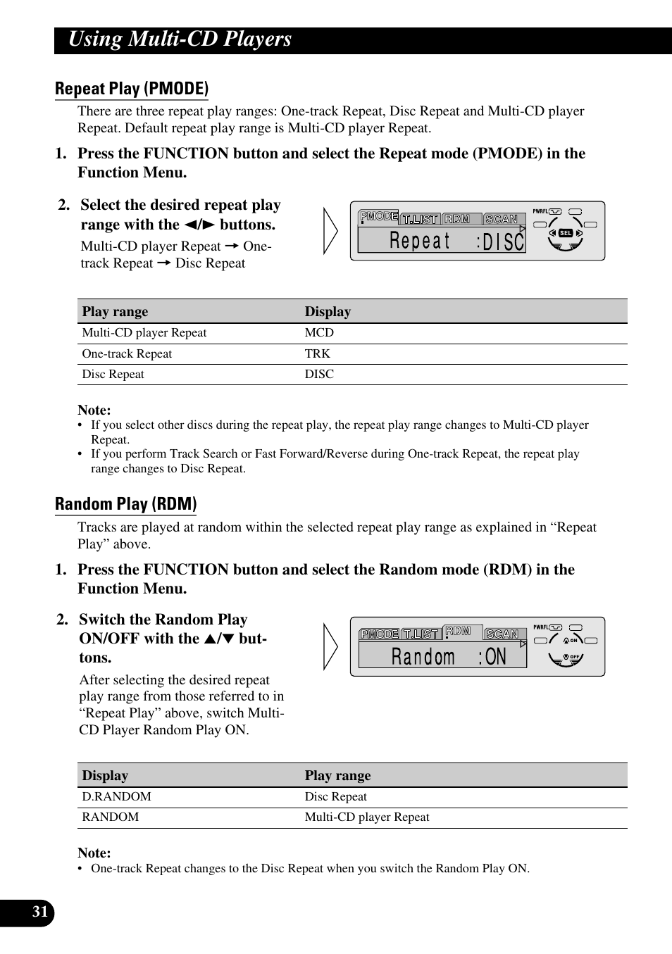 Using multi-cd players, Repeat play (pmode), Random play (rdm) | Pioneer KEH-P8010R User Manual | Page 32 / 132