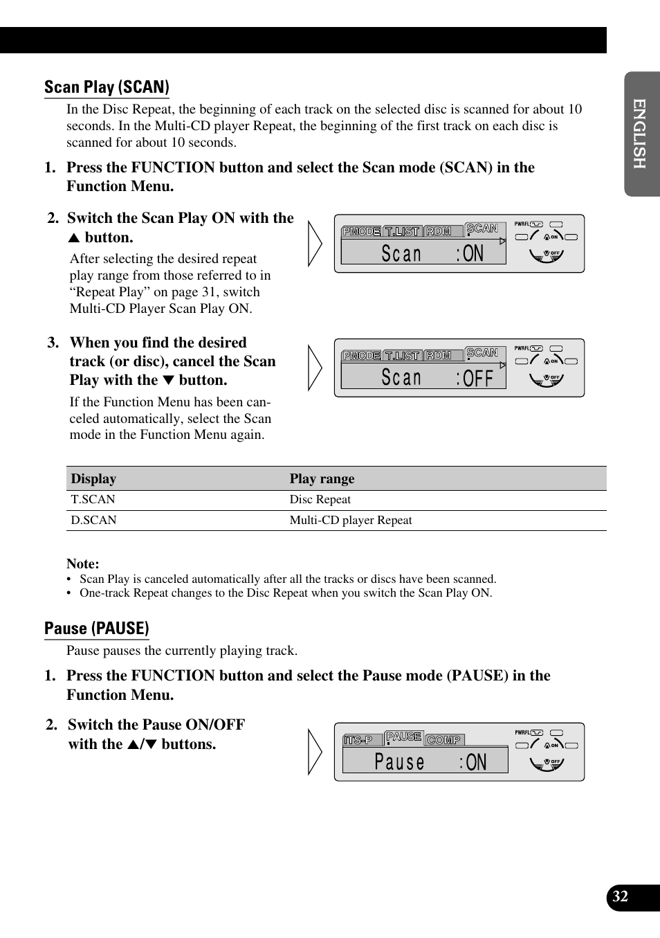 Scan play (scan), Pause (pause), A title (english) | Pioneer KEH-P8010R User Manual | Page 33 / 132