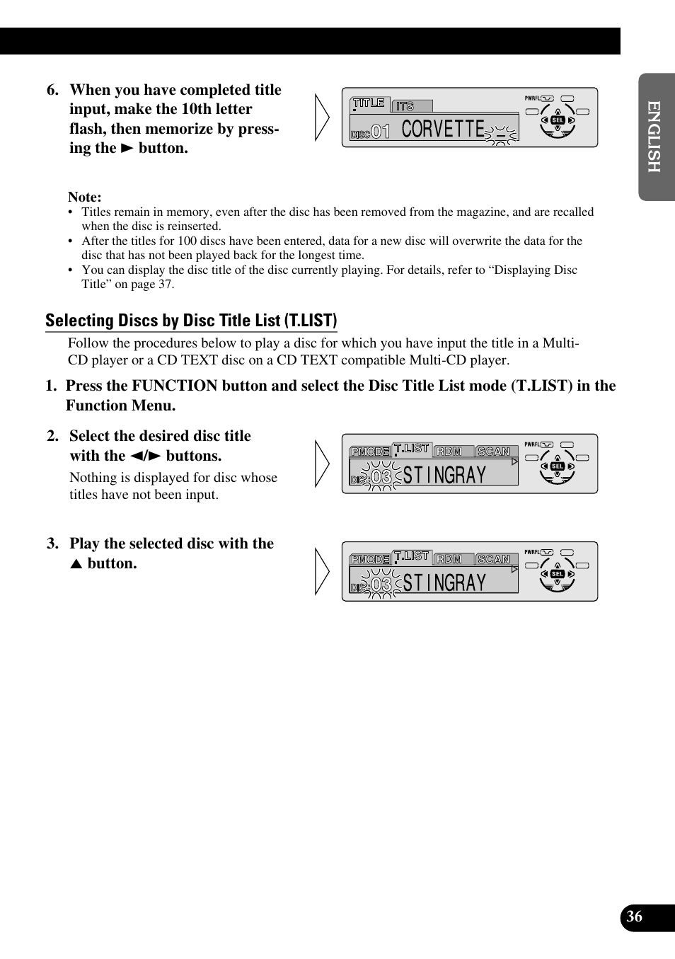 Selecting discs by disc title list (t.list), A title (english) | Pioneer KEH-P8010R User Manual | Page 37 / 132