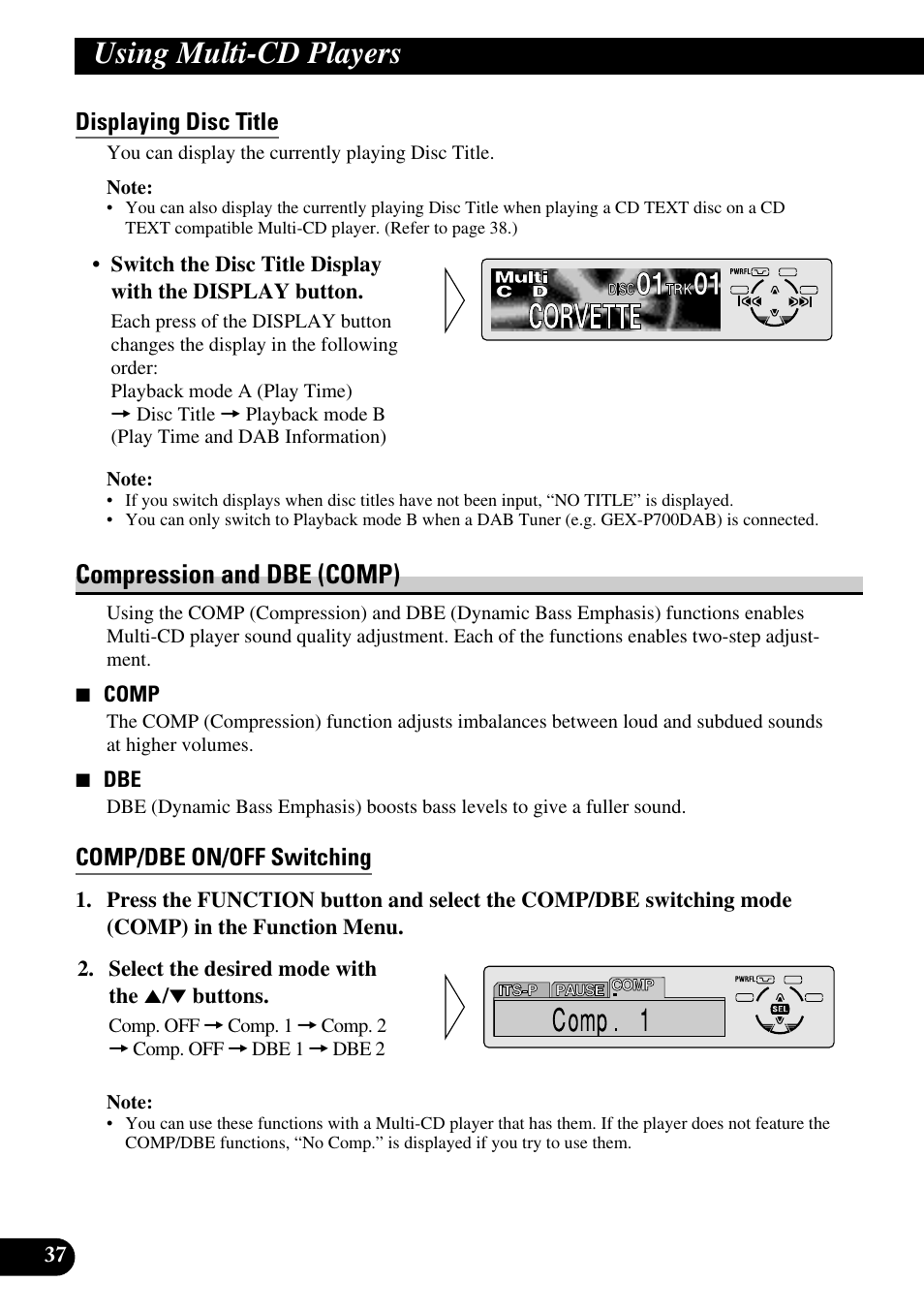 Displaying disc title, Compression and dbe (comp), Comp/dbe on/off switching | Using multi-cd players | Pioneer KEH-P8010R User Manual | Page 38 / 132