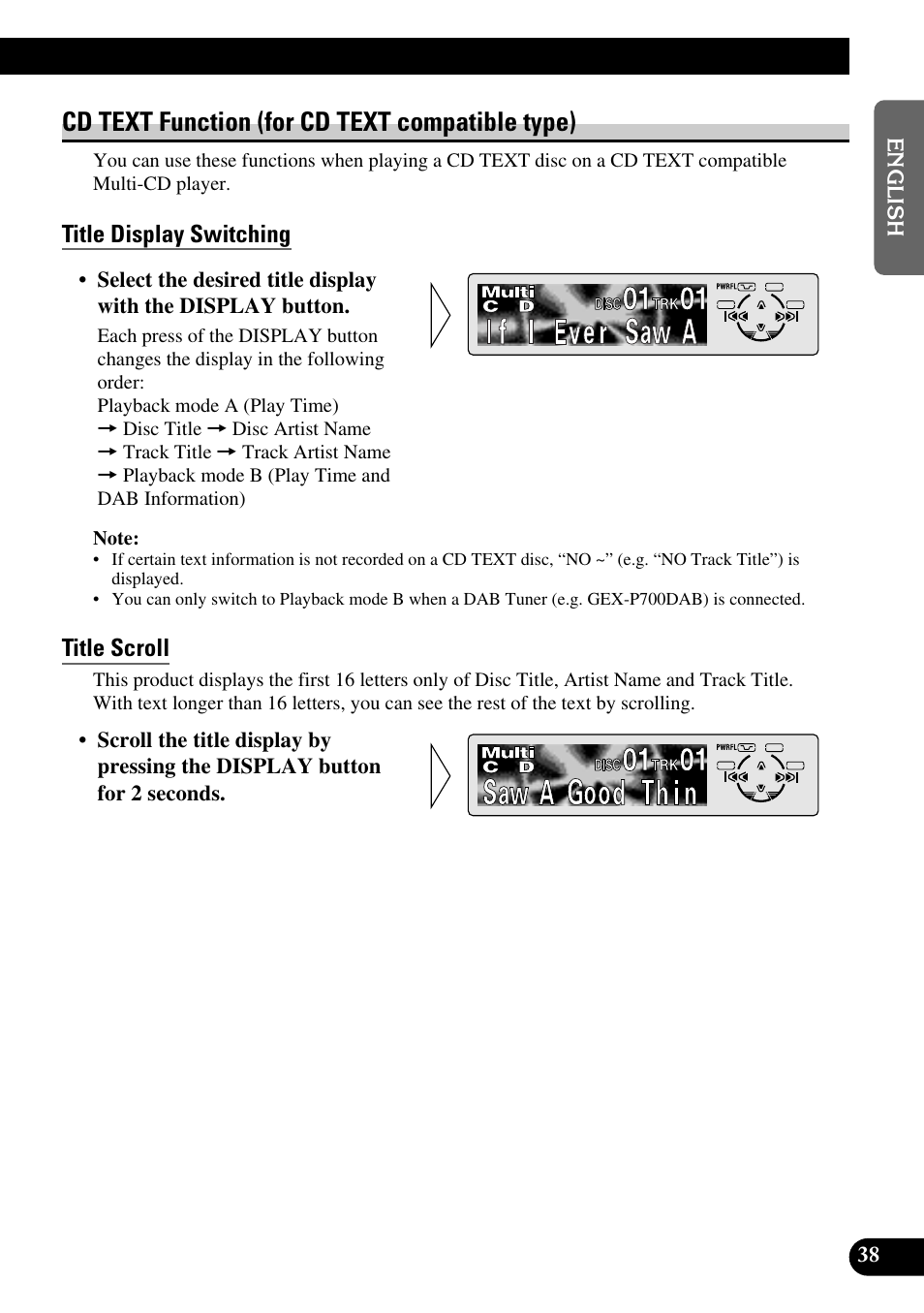 Cd text function (for cd text, Compatible type), Title display switching | Title scroll, A title (english), Cd text function (for cd text compatible type) | Pioneer KEH-P8010R User Manual | Page 39 / 132