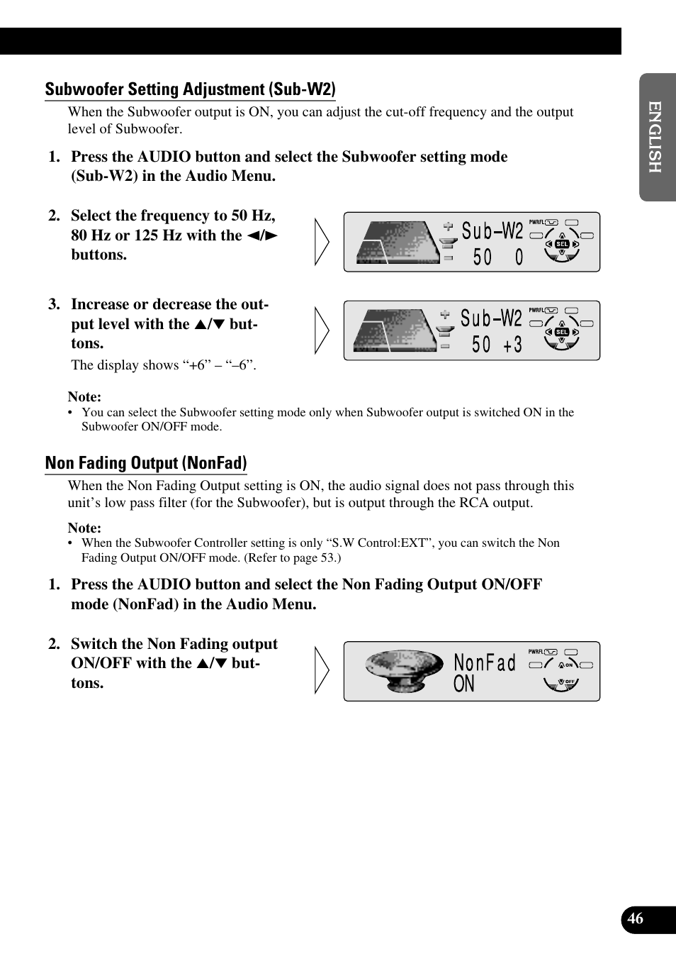 Subwoofer setting adjustment (sub-w2), Non fading output (nonfad), A title (english) | Pioneer KEH-P8010R User Manual | Page 47 / 132