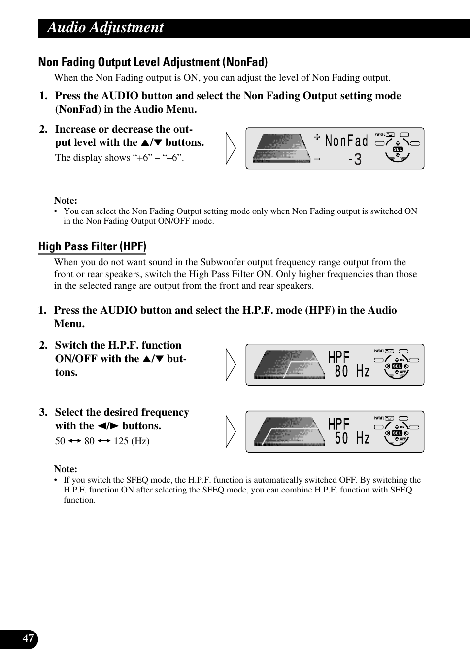 Non fading output level adjustment (nonfad), High pass filter (hpf), Audio adjustment | Pioneer KEH-P8010R User Manual | Page 48 / 132