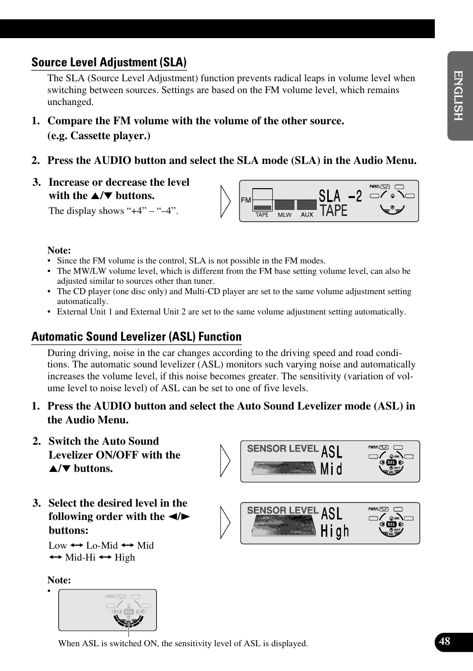 Source level adjustment (sla), Automatic sound levelizer (asl) function | Pioneer KEH-P8010R User Manual | Page 49 / 132