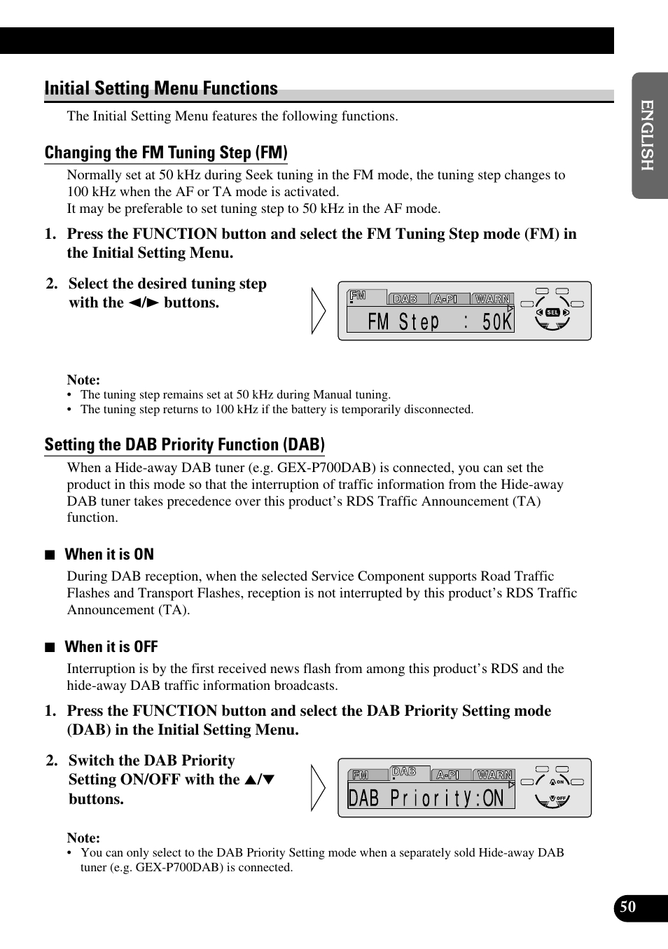 Initial setting menu functions, Changing the fm tuning step (fm), Setting the dab priority function (dab) | A title (english) | Pioneer KEH-P8010R User Manual | Page 51 / 132