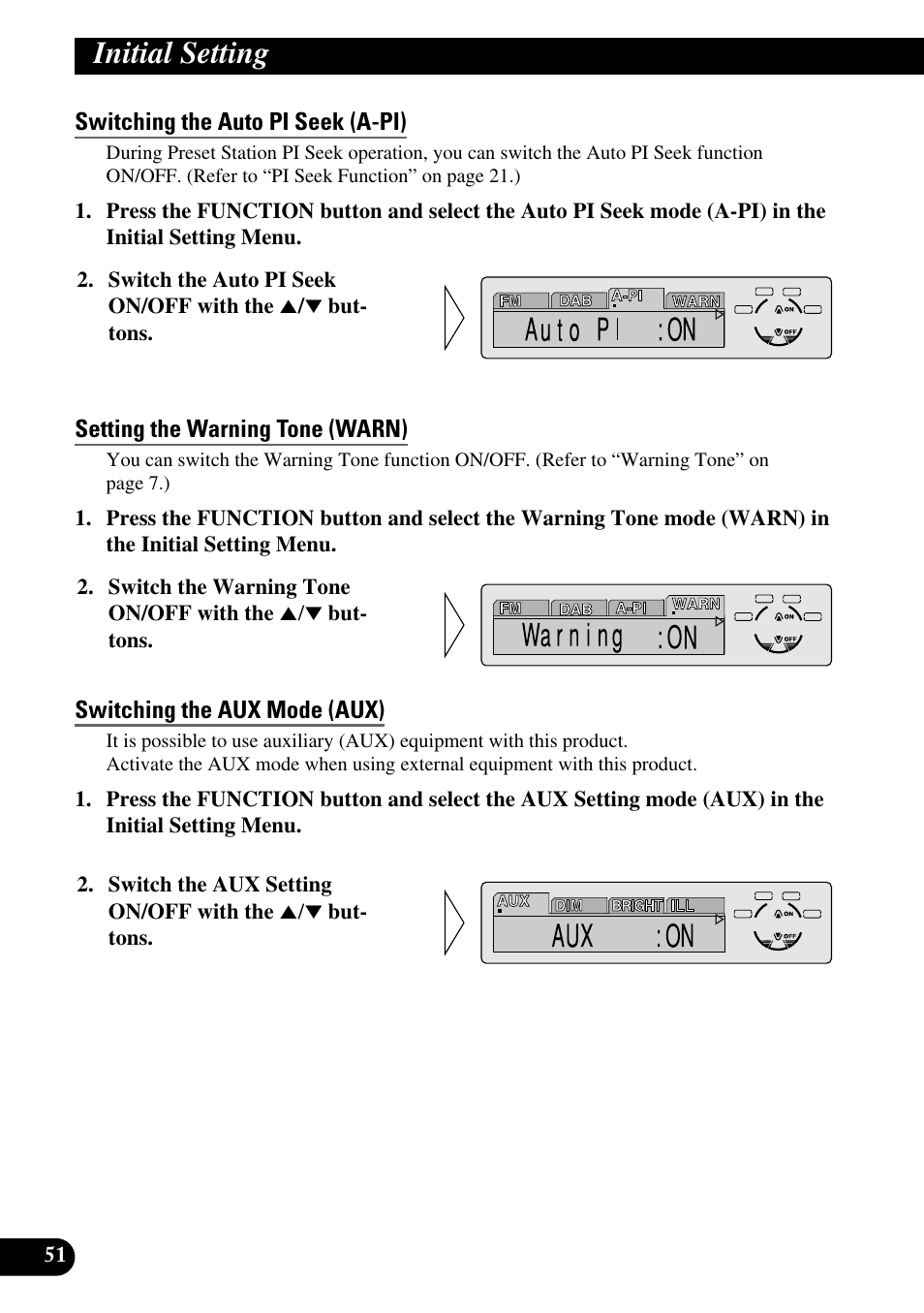 Switching the auto pi seek (a-pi), Setting the warning tone (warn), Switching the aux mode (aux) | Initial setting | Pioneer KEH-P8010R User Manual | Page 52 / 132