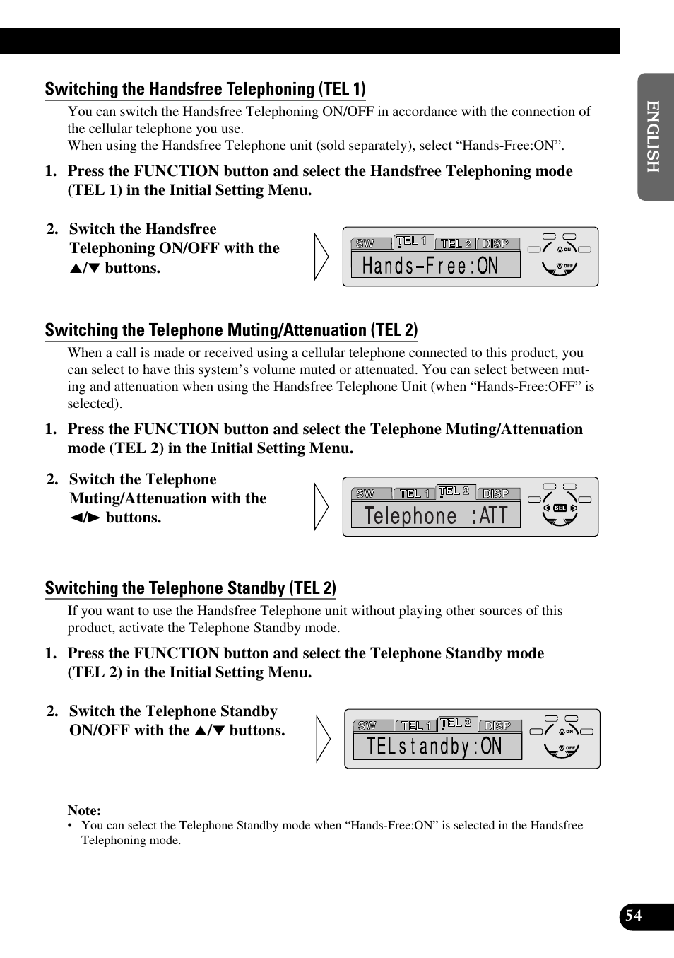 Switching the handsfree telephoning (tel 1), Switching the telephone muting/attenuation (tel 2), Switching the telephone standby (tel 2) | Pioneer KEH-P8010R User Manual | Page 55 / 132