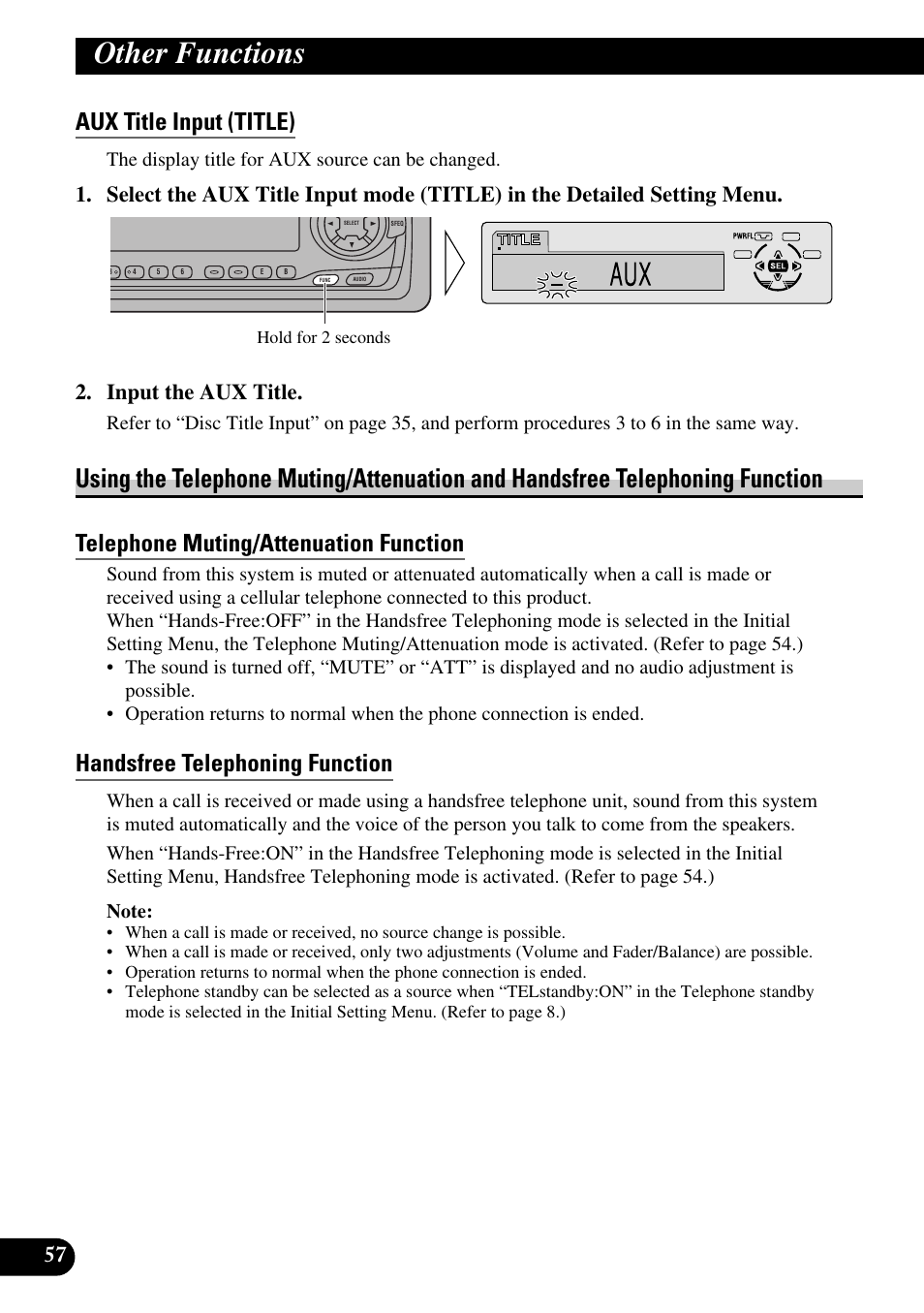 Aux title input (title), Using the telephone muting/attenuation and, Handsfree telephoning function | Telephone muting/attenuation function, Other functions, The display title for aux source can be changed | Pioneer KEH-P8010R User Manual | Page 58 / 132