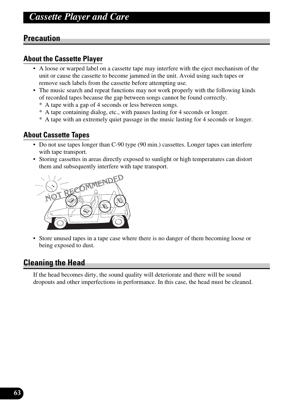 Cassette player and care, Precaution, About the cassette player | About cassette tapes, Cleaning the head | Pioneer KEH-P8010R User Manual | Page 64 / 132