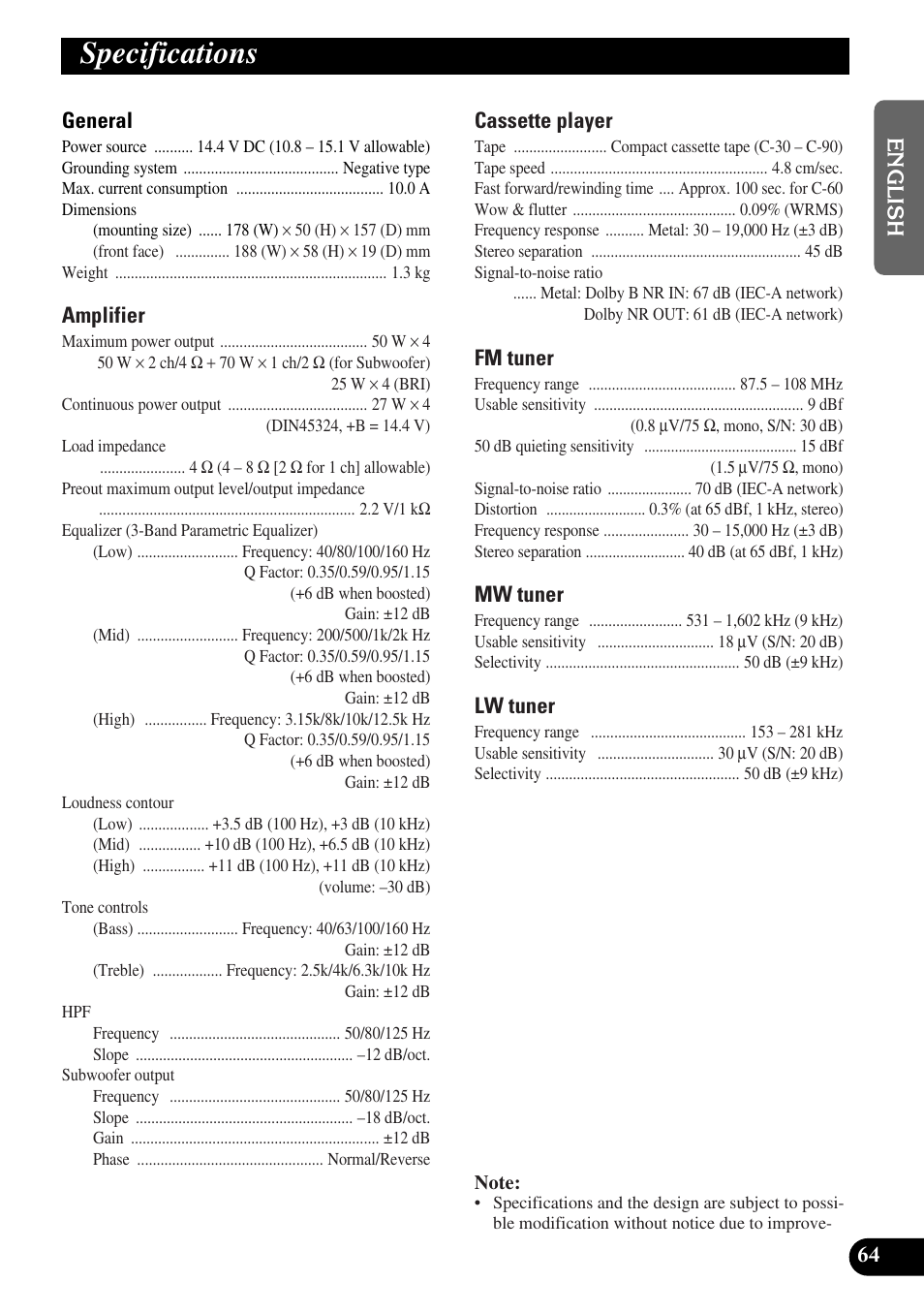 Specifications | Pioneer KEH-P8010R User Manual | Page 65 / 132