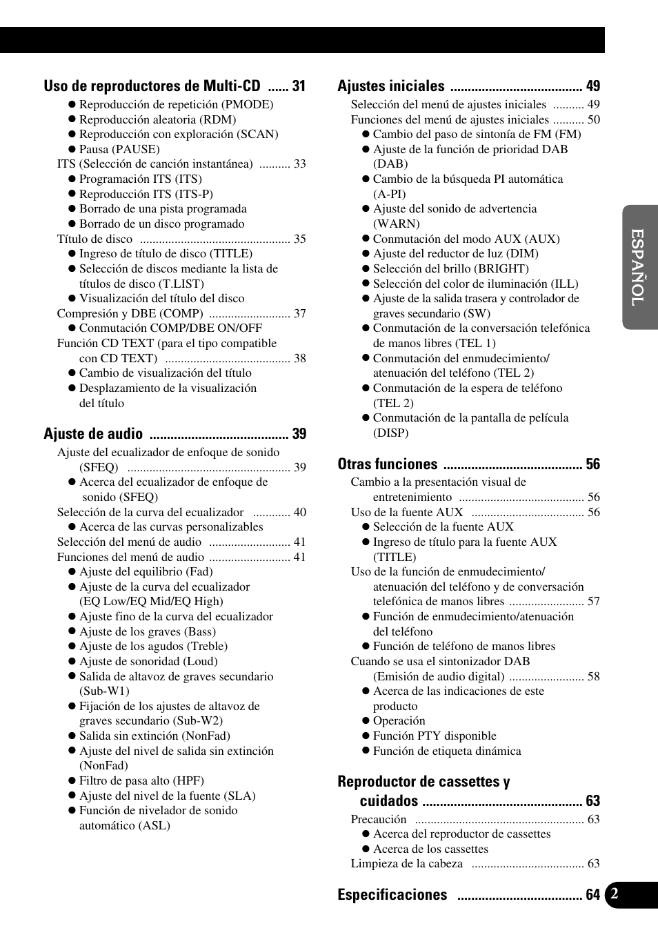Uso de reproductores de multi-cd, Ajuste de audio, Ajustes iniciales | Otras funciones, Reproductor de cassettes y cuidados | Pioneer KEH-P8010R User Manual | Page 67 / 132