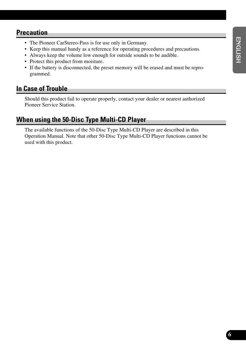 Multi-cd player, Precaution, When using the 50-disc type multi-cd player | Pioneer KEH-P8010R User Manual | Page 7 / 132