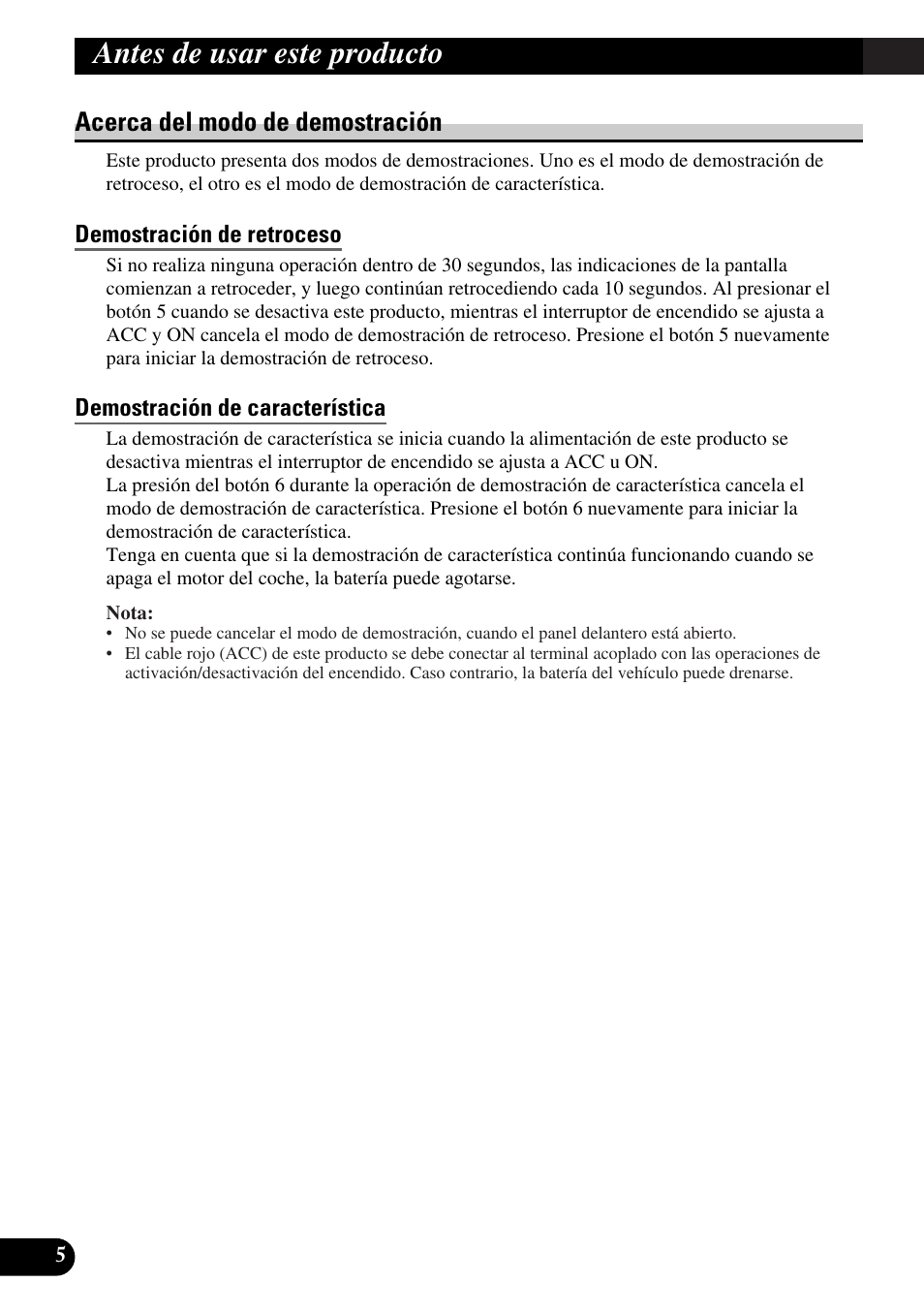 Acerca del modo de demostración, Demostración de retroceso, Demostración de característica | Antes de usar este producto | Pioneer KEH-P8010R User Manual | Page 70 / 132