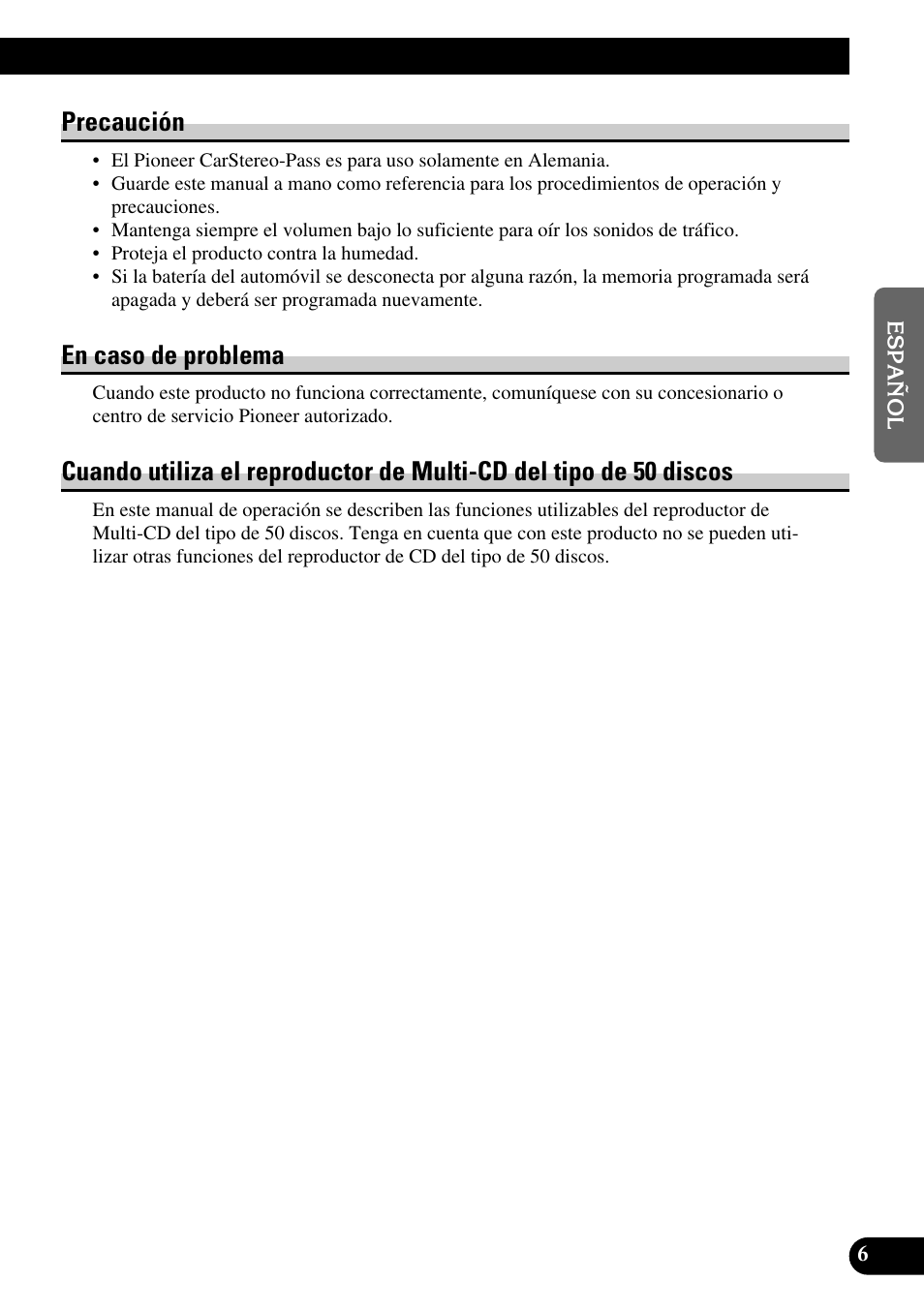 Tipo de 50 discos, Precaución, En caso de problema | Pioneer KEH-P8010R User Manual | Page 71 / 132