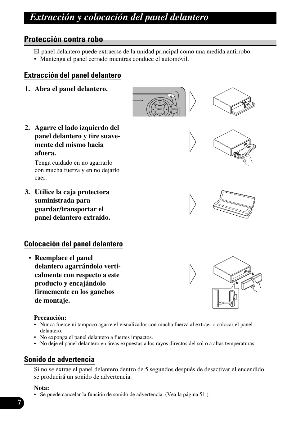 Extracción y colocación del panel, Delantero, Protección contra robo | Extracción del panel delantero, Colocación del panel delantero, Sonido de advertencia, Extracción y colocación del panel delantero | Pioneer KEH-P8010R User Manual | Page 72 / 132