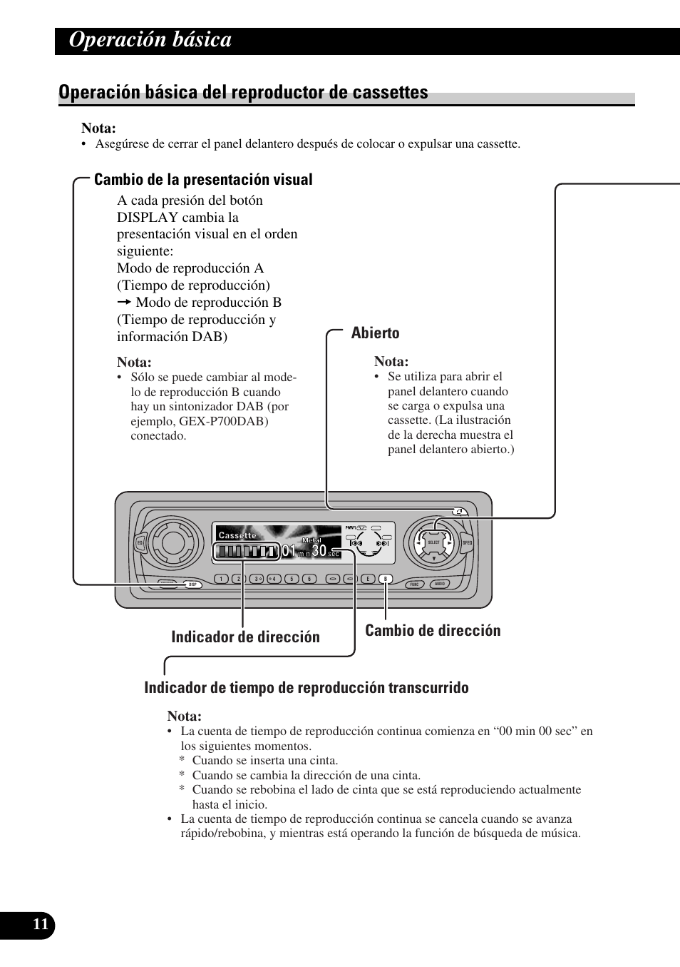 Operación básica del reproductor, De cassettes, Cambio de la presentación visual | Abierto, Cambio de dirección, Indicador de tiempo de reproducción transcurrido, Operación básica, Operación básica del reproductor de cassettes, Cambio de dirección abierto, Indicador de dirección | Pioneer KEH-P8010R User Manual | Page 76 / 132