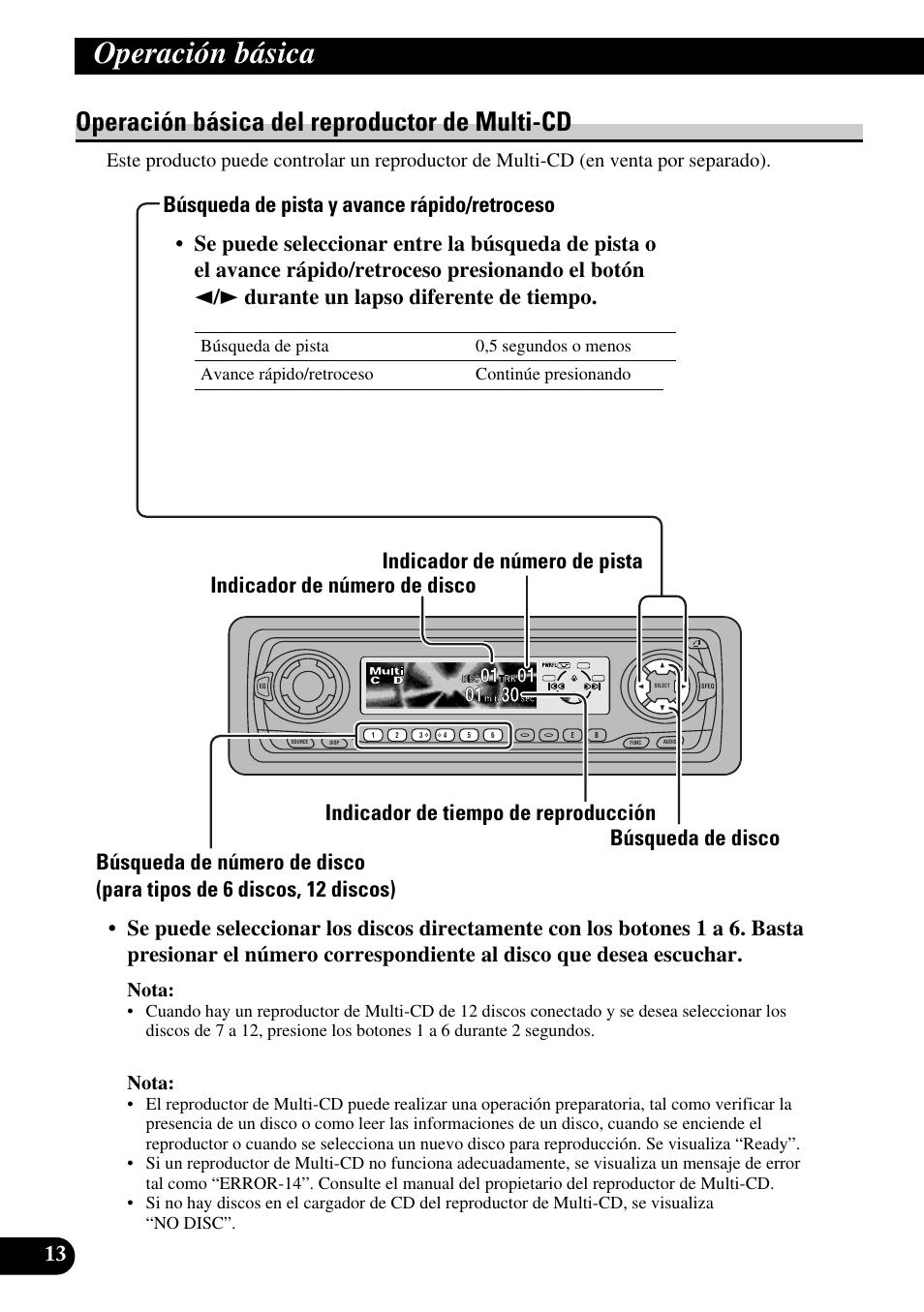 Operación básica del reproductor de, Multi-cd, Búsqueda de pista y avance rápido/retroceso | Búsqueda de disco, Operación básica, Operación básica del reproductor de multi-cd, Nota | Pioneer KEH-P8010R User Manual | Page 78 / 132